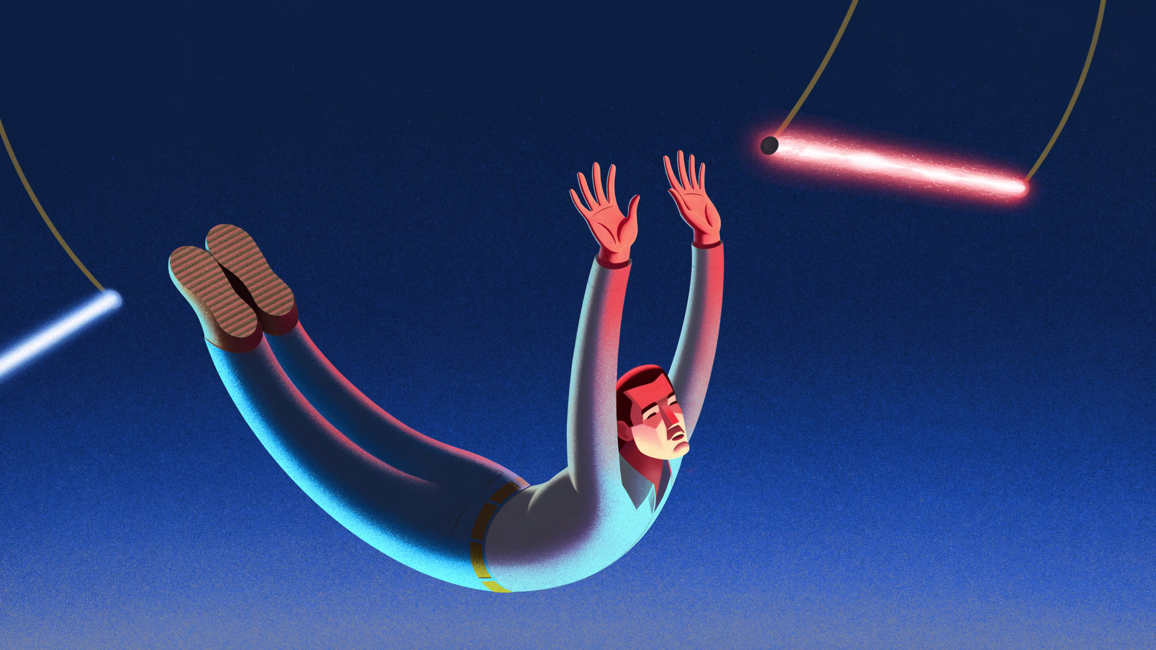 An illustration of a man on a trapeze, swinging from a glowing blue swing to a glowing red one.