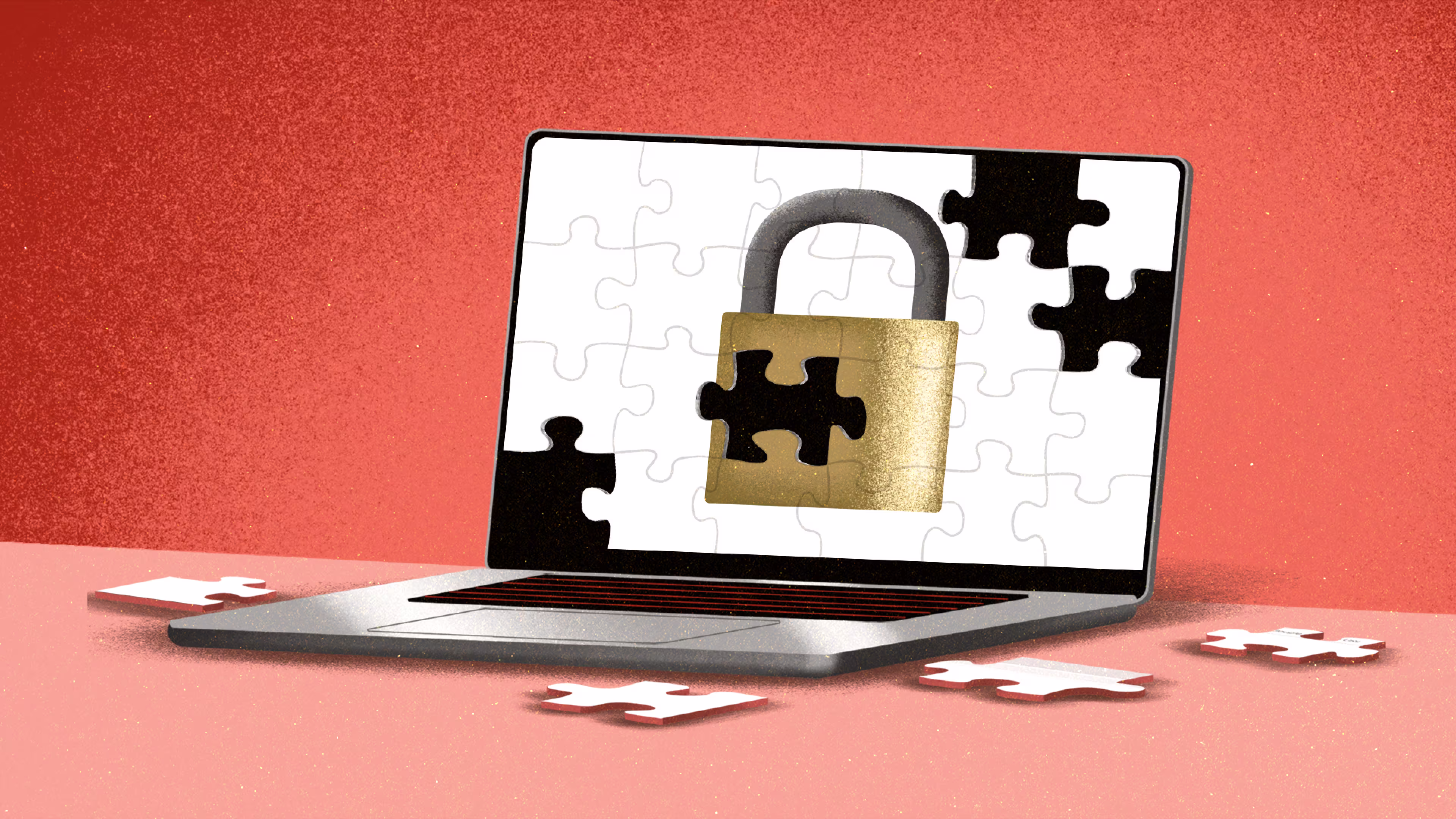 An illustration of an open laptop against an orange background. The screen shows a lock on it, but the screen is also divided into jigsaw puzzle pieces, some of which have fallen out and are lying scattered around the laptop.