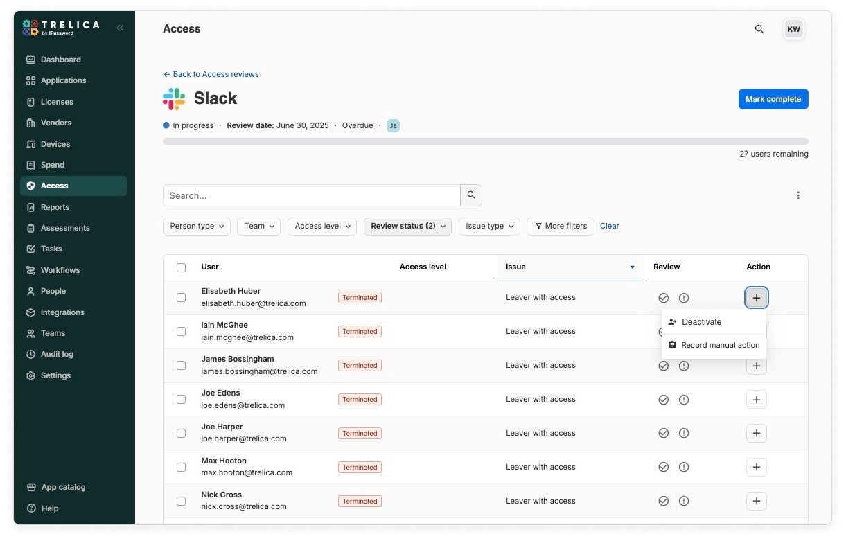 A screenshot of the access review feature in the Trelica by 1Password dashboard.