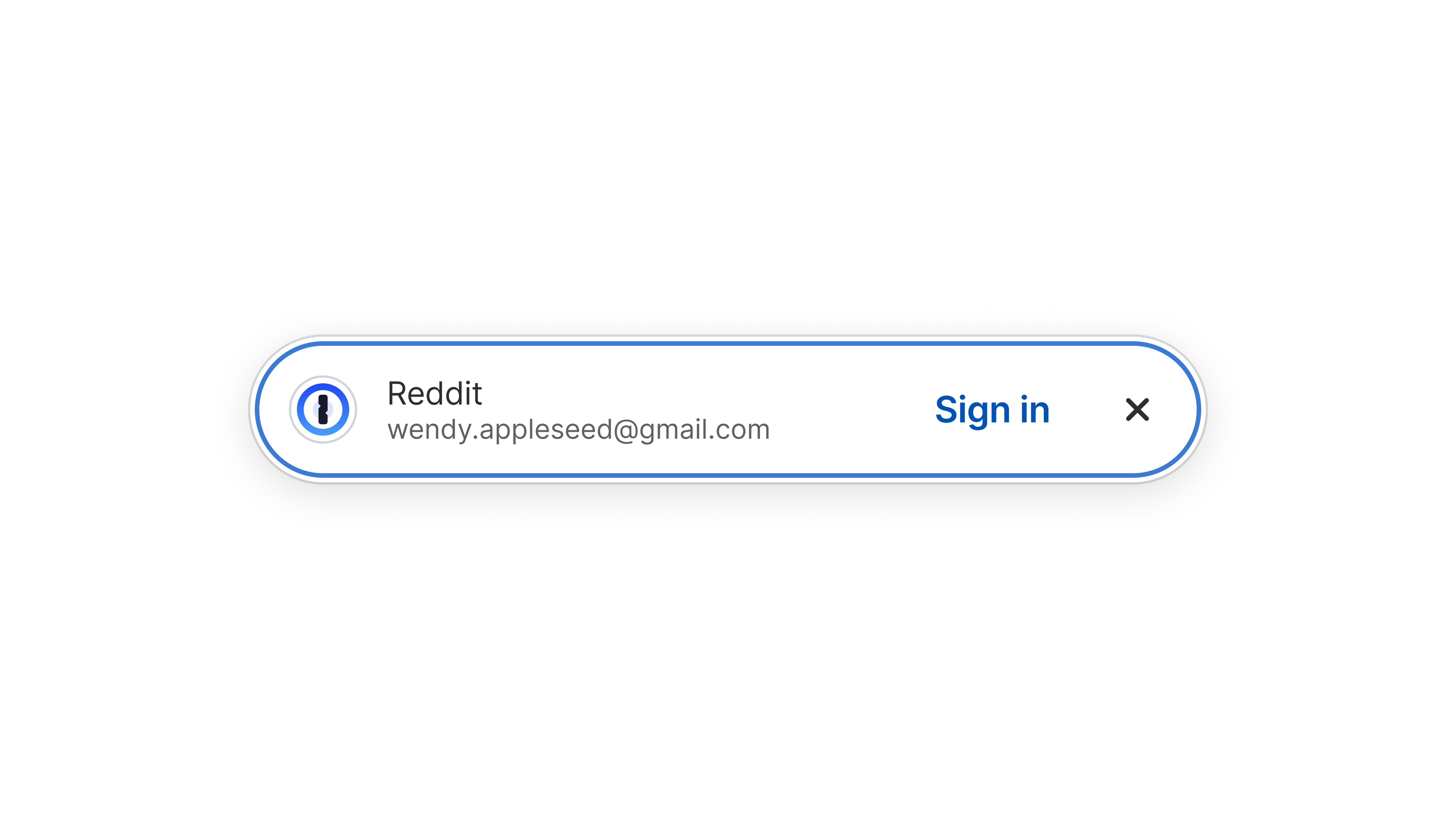 A screenshot of a 1Password universal sign-in flow for a user's Reddit account. The website and account email are displayed, with a clear "Sign in" button to the right. 