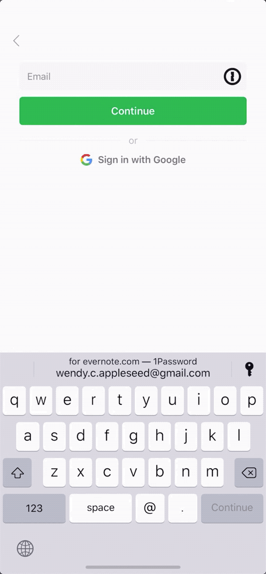 Image showing the stages of 1Password filling in the Evernote iOS app