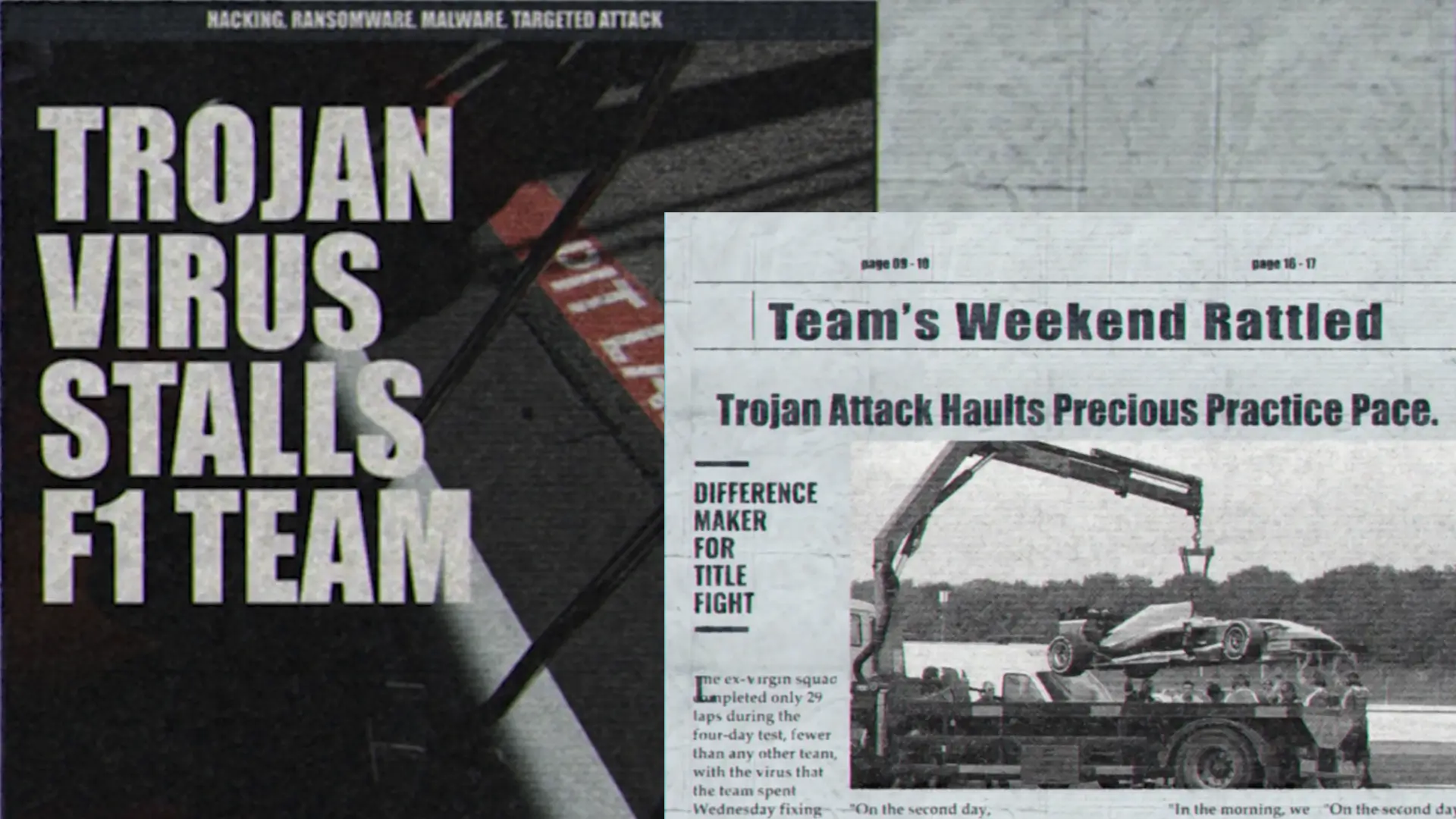 Securing the Win: Oracle Red Bull Racing – Episode 4, microfilm clippings of newspaper headlines "Trojan virus stalls F1 team" and "Team's weekend rattled: Trojan attack haults precious practice pace, difference maker for the title fight."