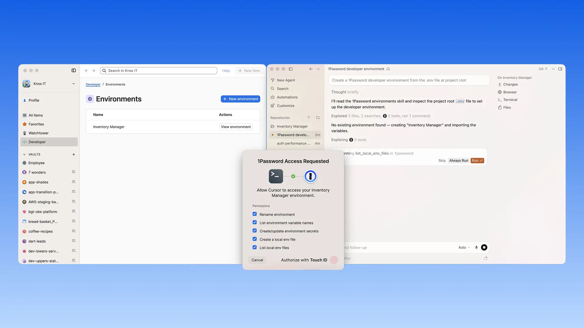 A screenshot of Cursor requesting access to a user's 1Password Inventory Management environment, enumerating the specific permissions it will need and allowing the user to approve or deny each via a checkbox, before authorizing the action by Touch ID.