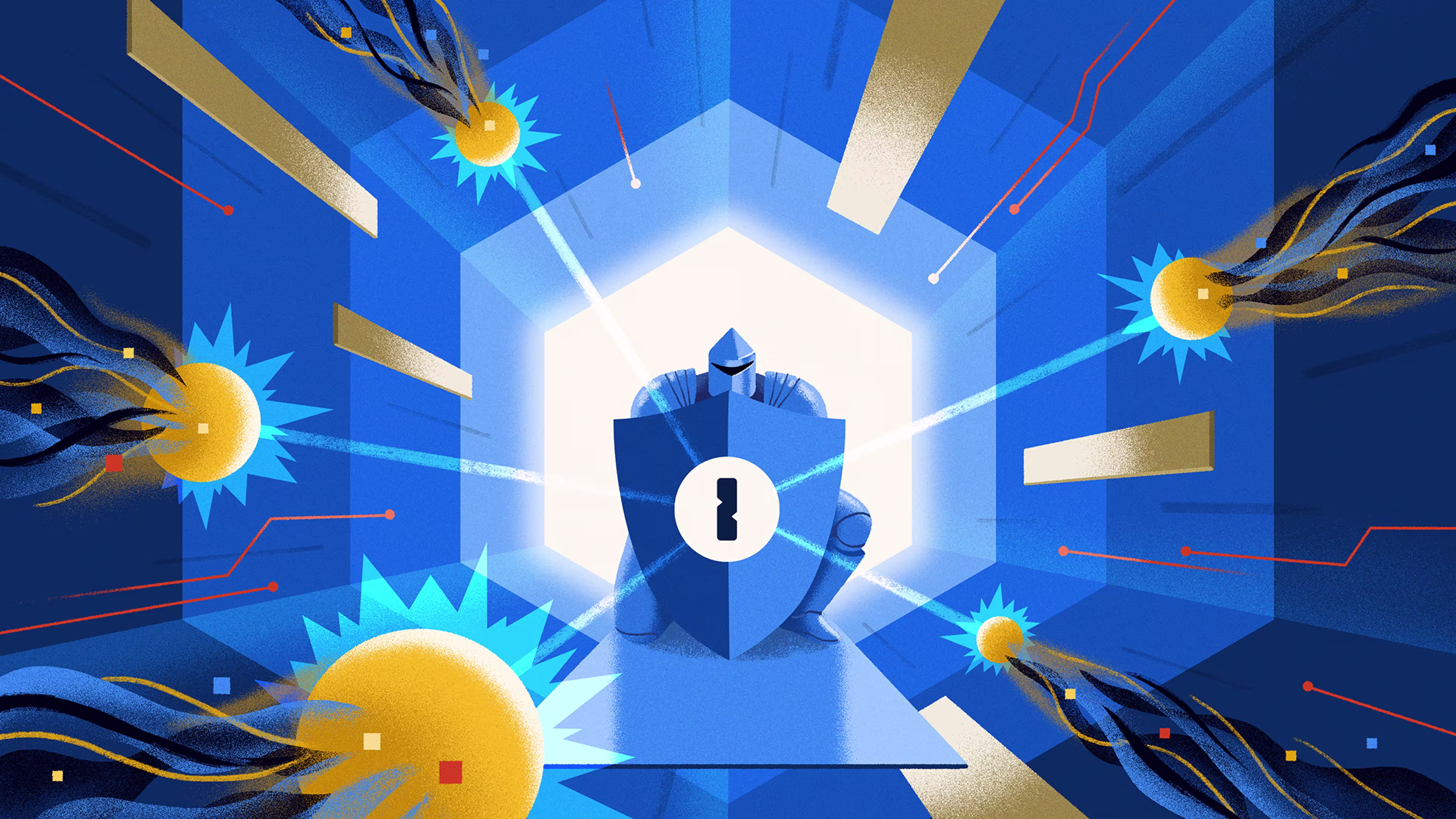 A knight, emblazoned with the 1Password logo, secures a contested access point against a machine onslaught. 1Password secures AI.