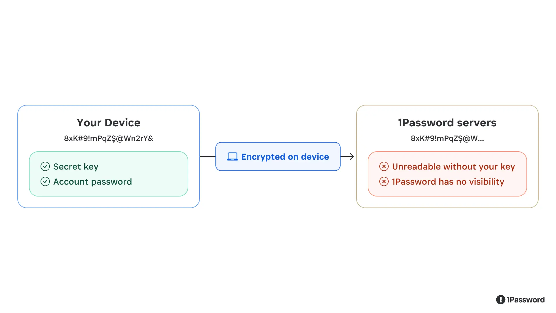 A simple diagram showing how a 1Password user's vault data is encrypted on their device and unreadable to 1Password, or anyone without their Secret Key and account password.