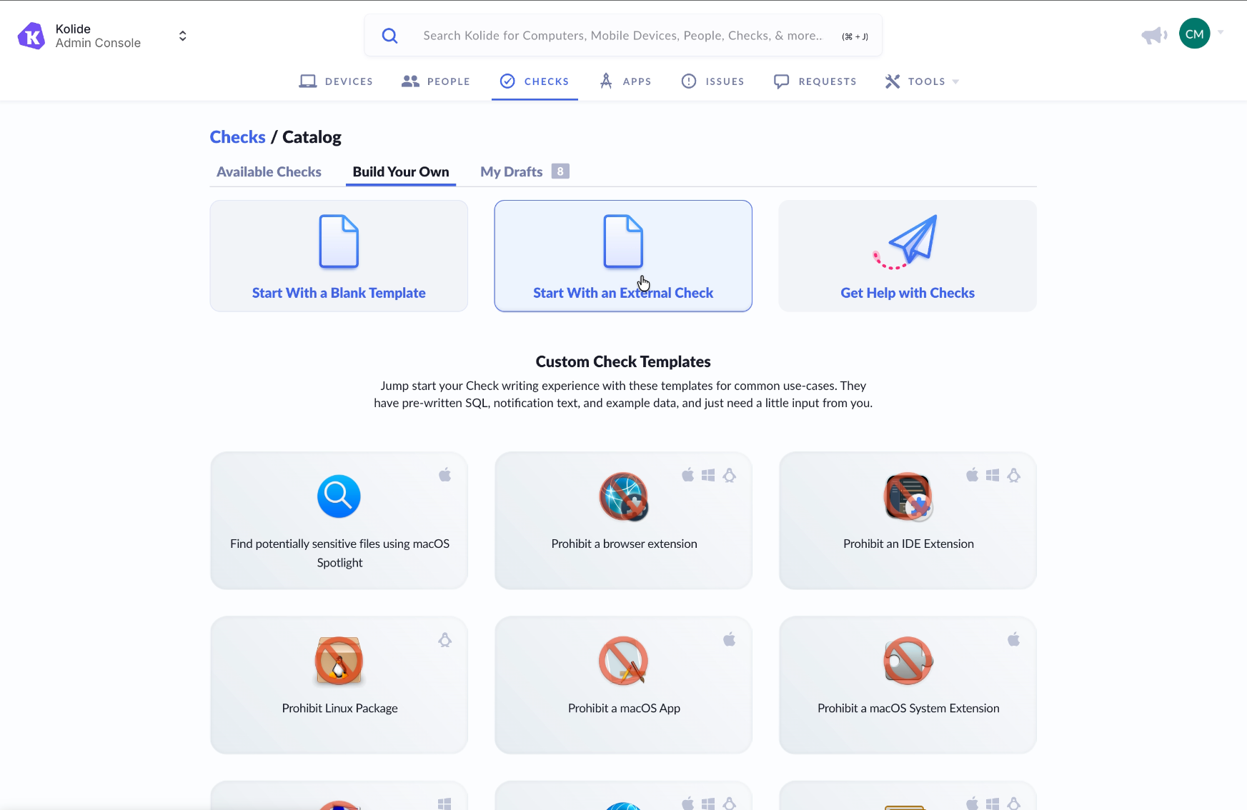A screenshot of the interface within 1Password Device Trust to create custom checks, including external checks.