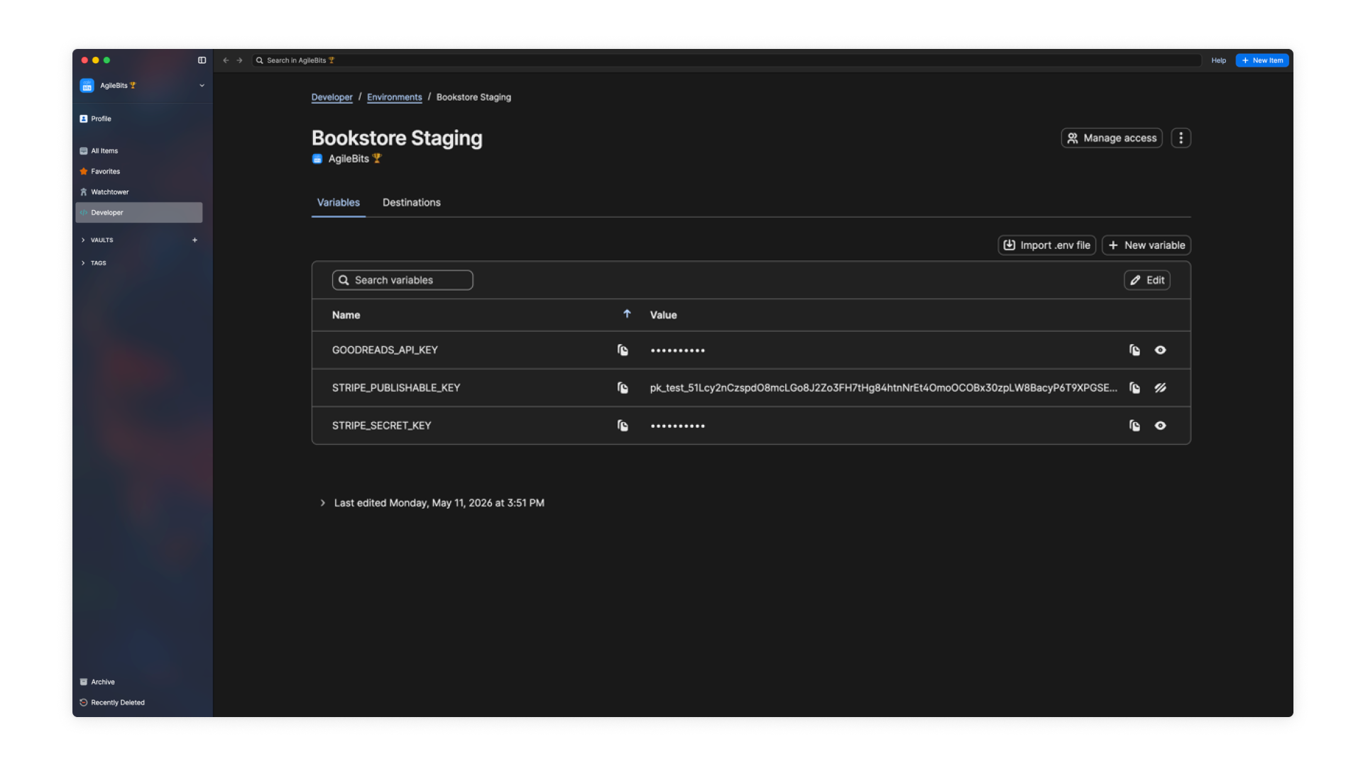 A screenshot of 1Password storing secrets such as API keys and publishable keys.