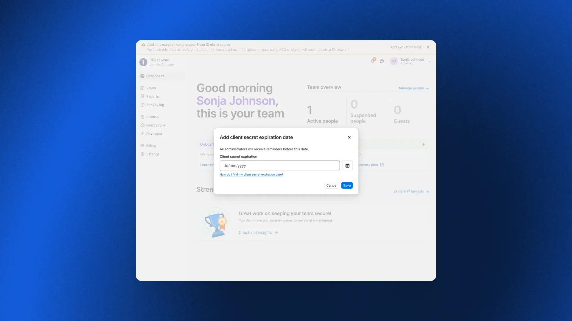 A rendering of an admin's EPM dashboard, overlaid with a popup inviting the admin to set a client secret expiration date.