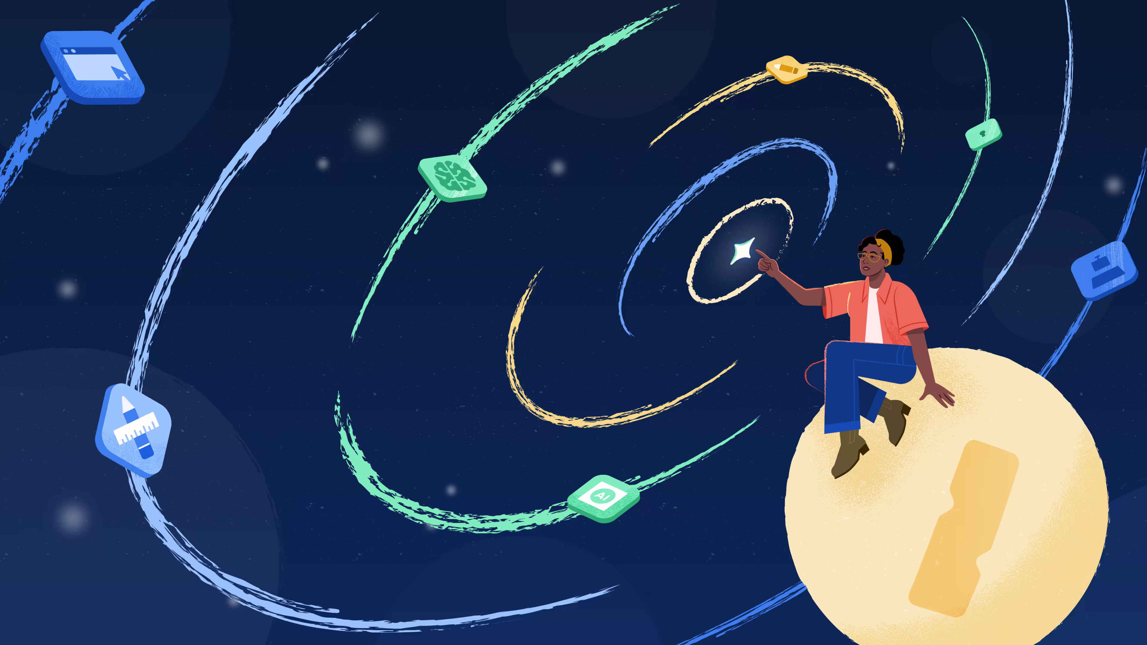 An illustration of a person sitting on a moon which features the 1Password logo. The person has their finger lifted up into the center of a galaxy that swirls with various graphics related to design and programming.