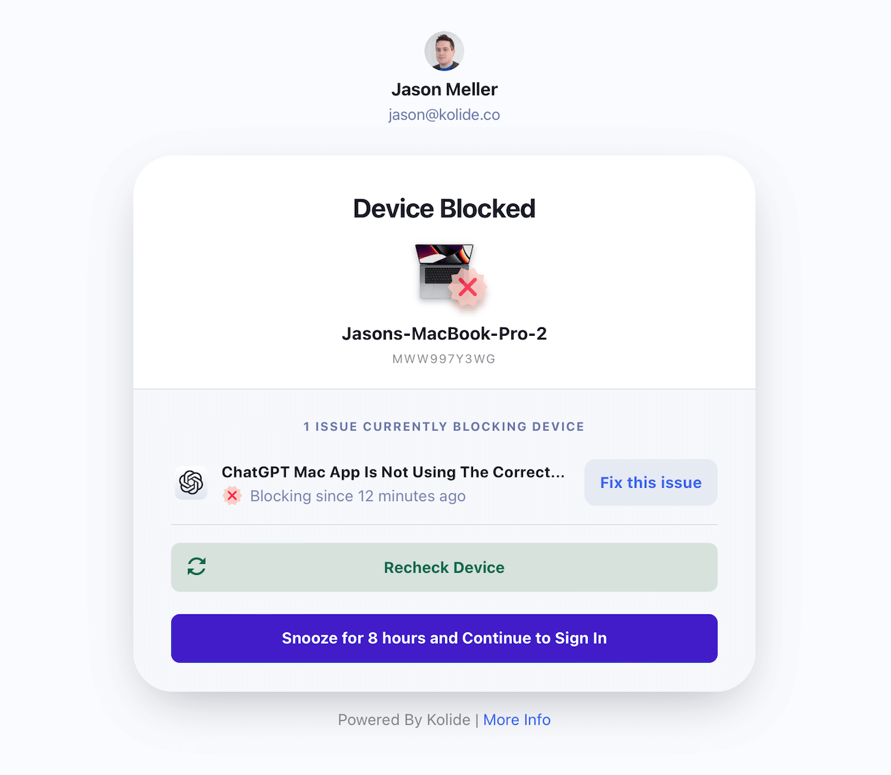 screenshot of Kolide showing that Jason Meller's MacBook Pro has been blocked from using ChatGPT because they're using a personal account.