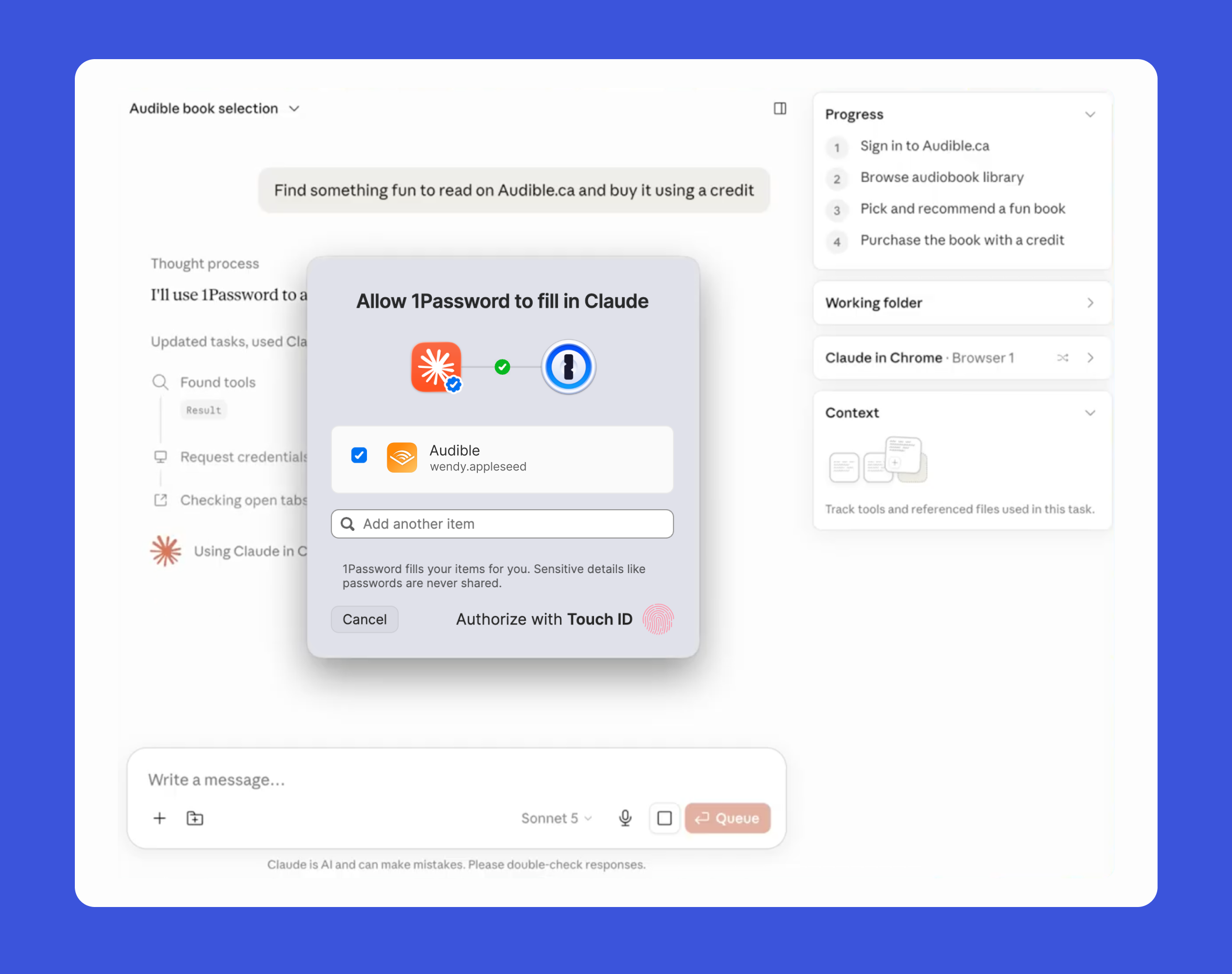 A screenshot of a Claude window. Superimposed on it is a popup that says "Allow 1Password to fill in Claude," prompting the user to approve this interaction via Touch ID.