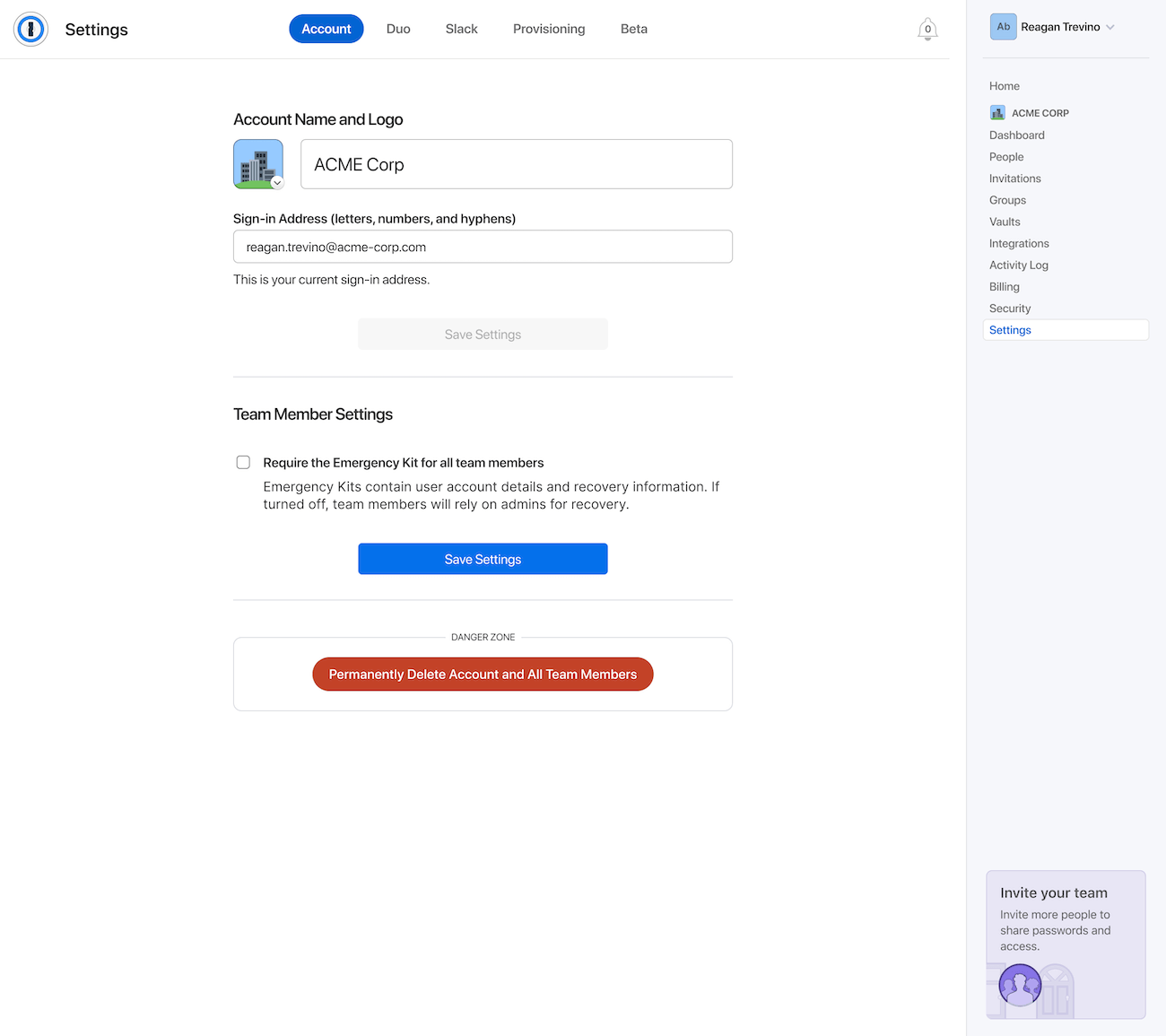 A screenshot showing how admins can turn off Emergency Kits in the web-based dashboard.