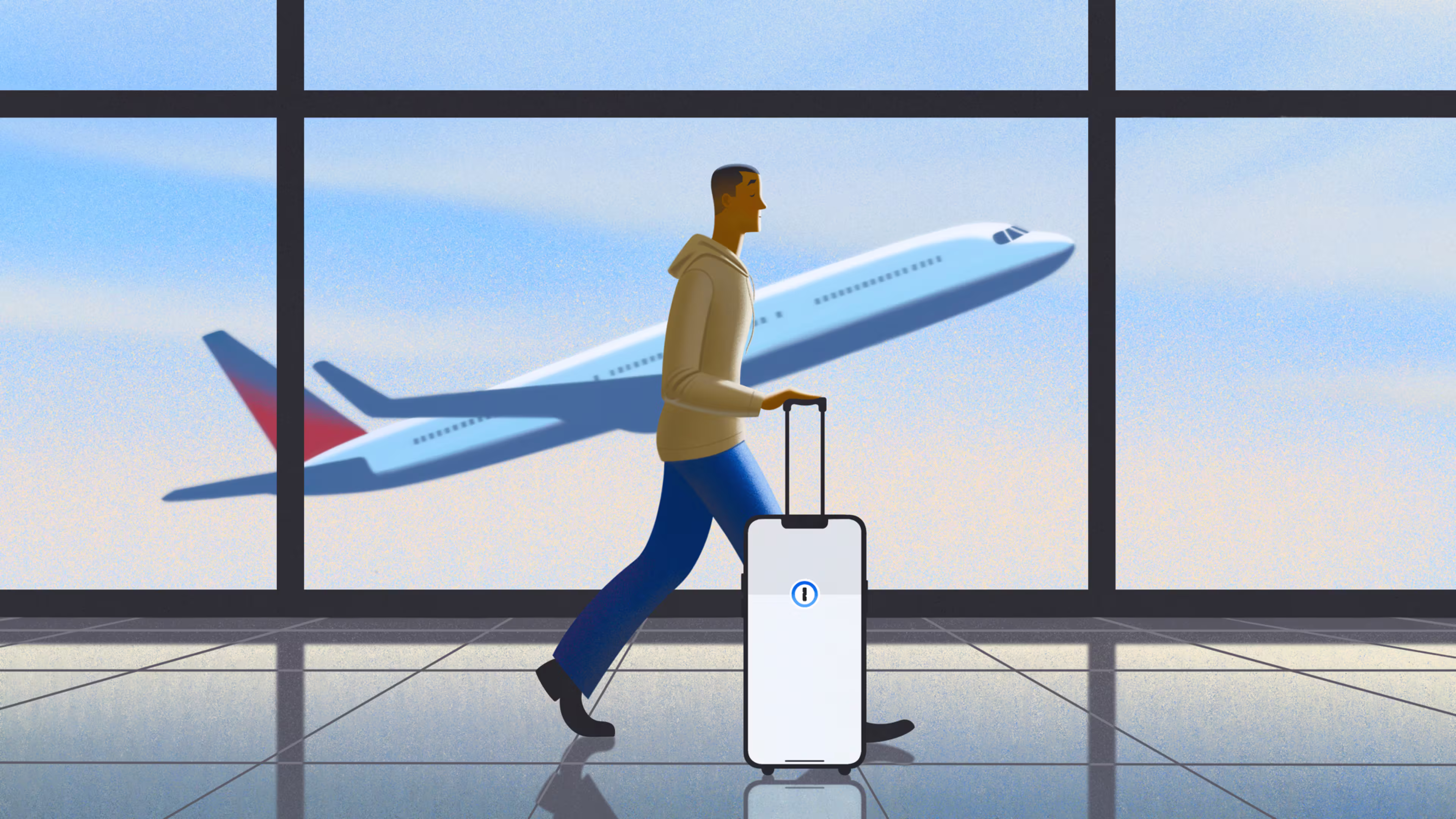 An illustration of a man walking through an airport while pushing a suitcase-sized cell phone, which displays the 1Password logo on its screen.