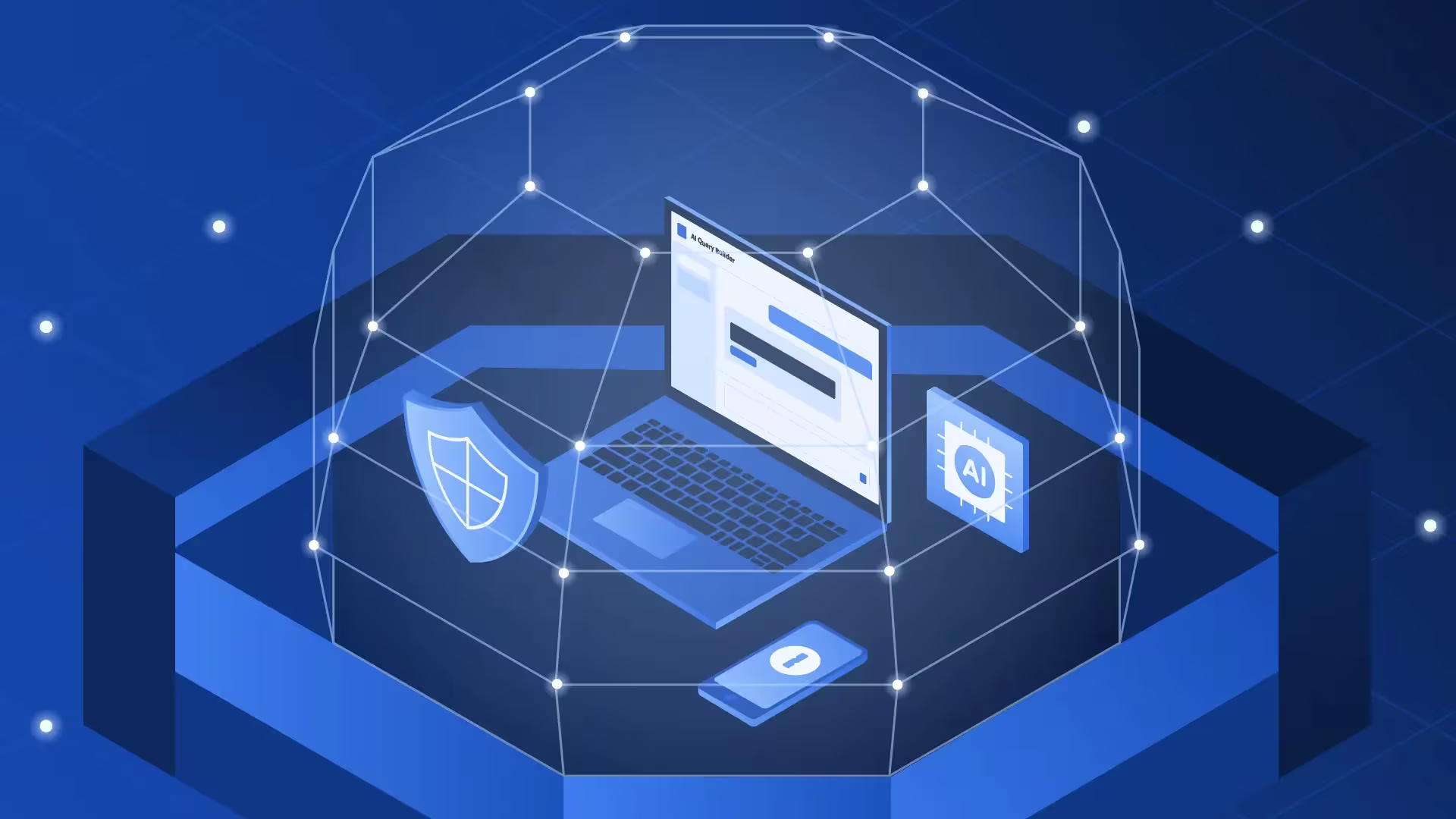 An illustration, primarily in blues, of a laptop surrounded by symbols related to AI and security. 