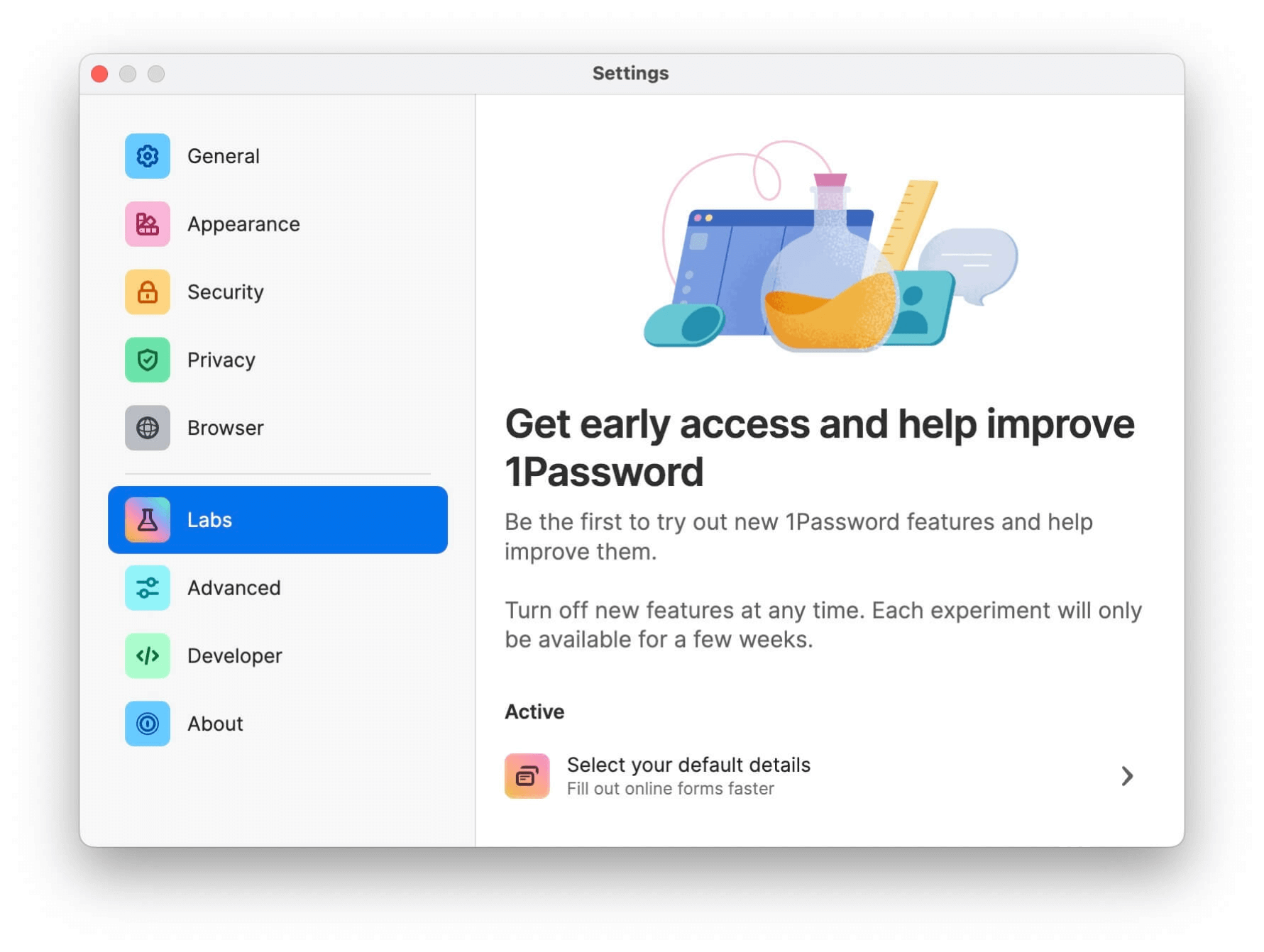 The labs menu in the 1Password app.