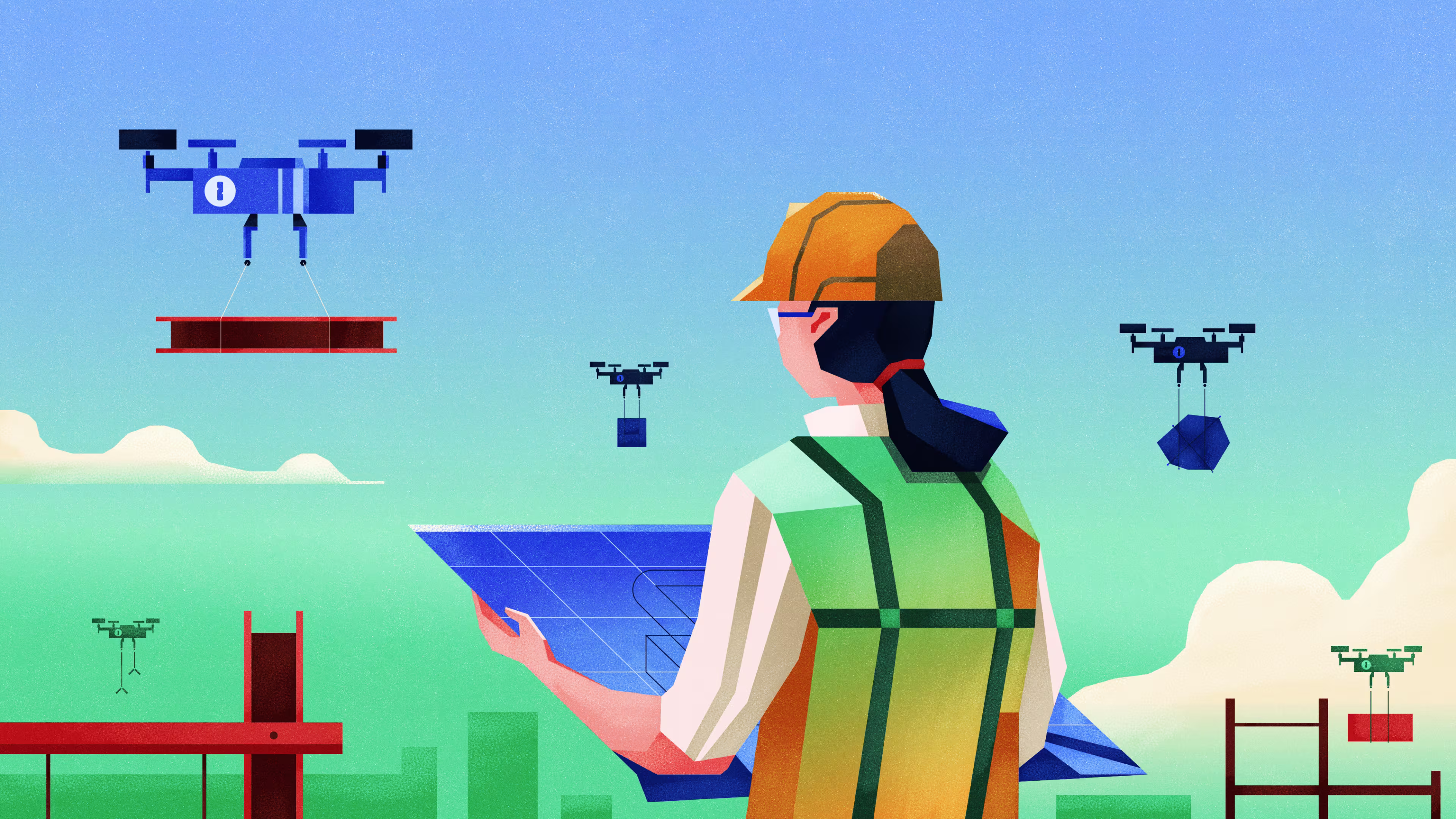An illustration of a construction worker holding a blueprint, while above, drones hover, carrying building blocks.