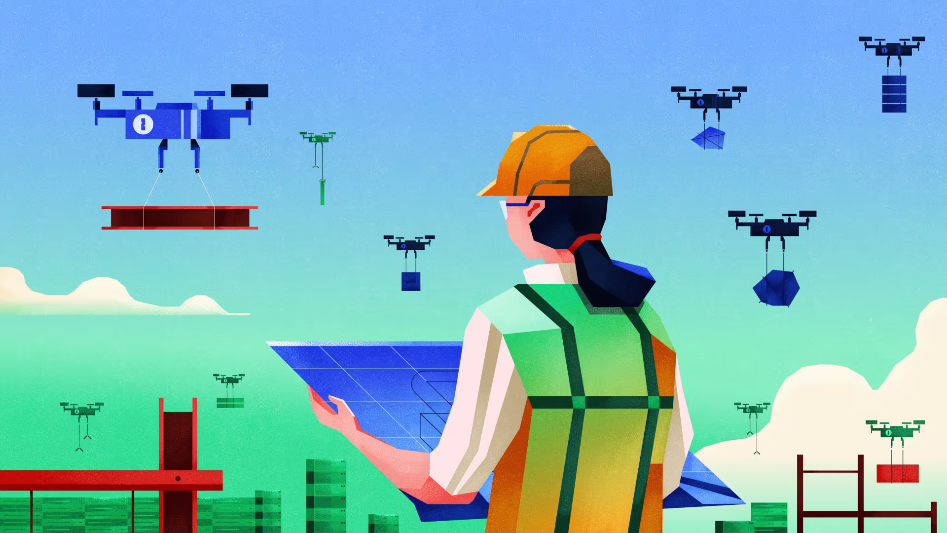 An illustration of a construction worker holding a blueprint, while above, drones hover, carrying building blocks.