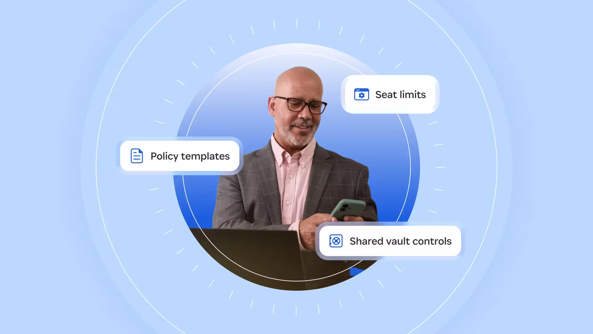 An image of a professional man set in the middle of an abstract circular blue background, surrounded by 1Password MSP capabilities.