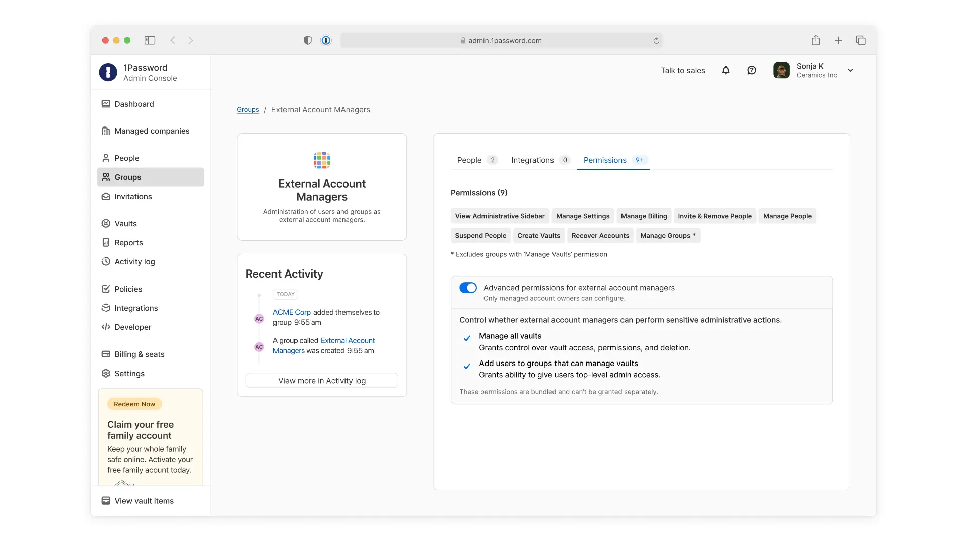 A screenshot of the 1Password MSP dashboard showing how admins can manage permissions for their technicians.