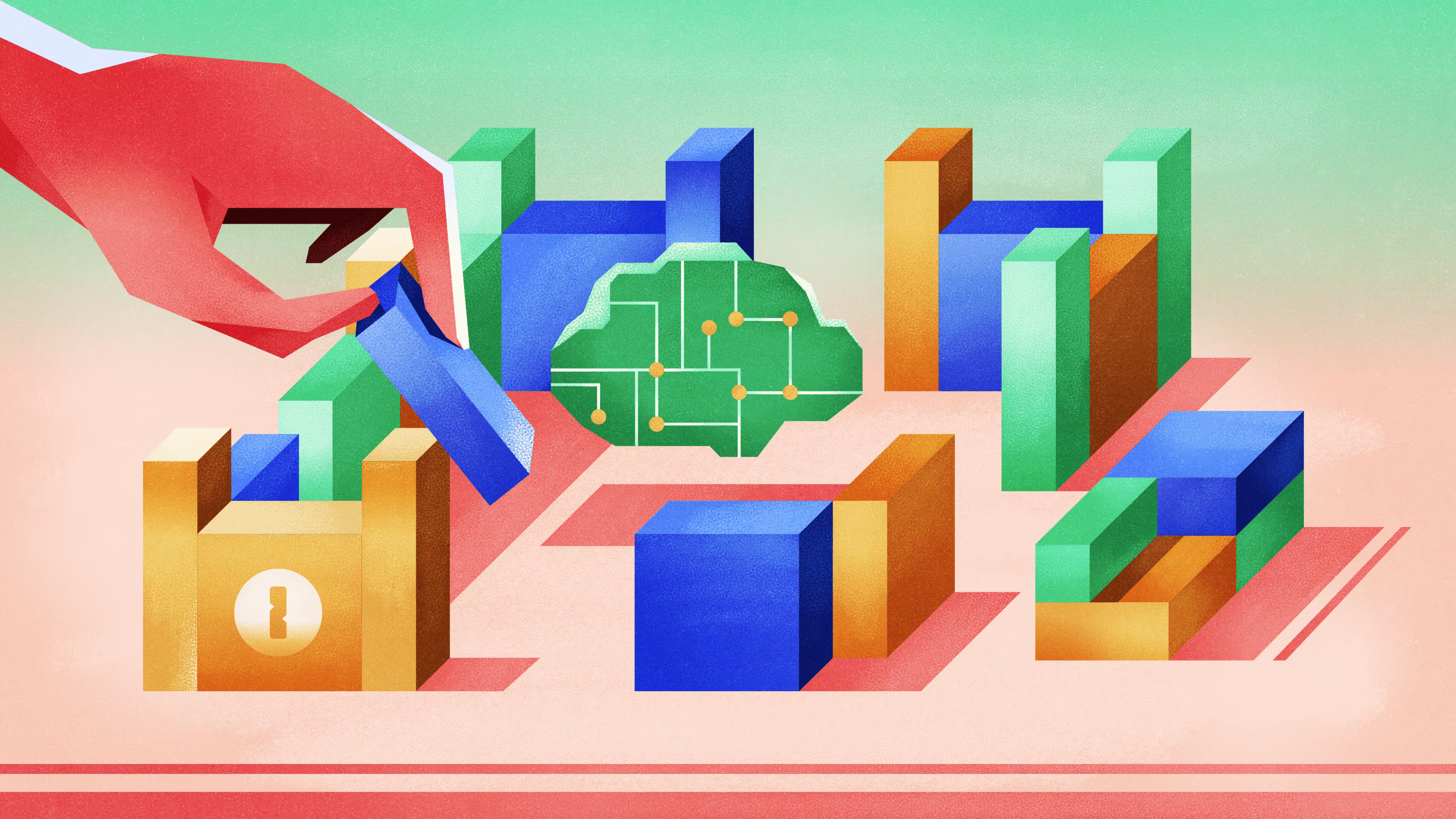 A hand arranges colorful 3D blocks around a circuit-patterned cloud and a gold 1Password padlock, illustrating the concept of building secure agent architecture.
