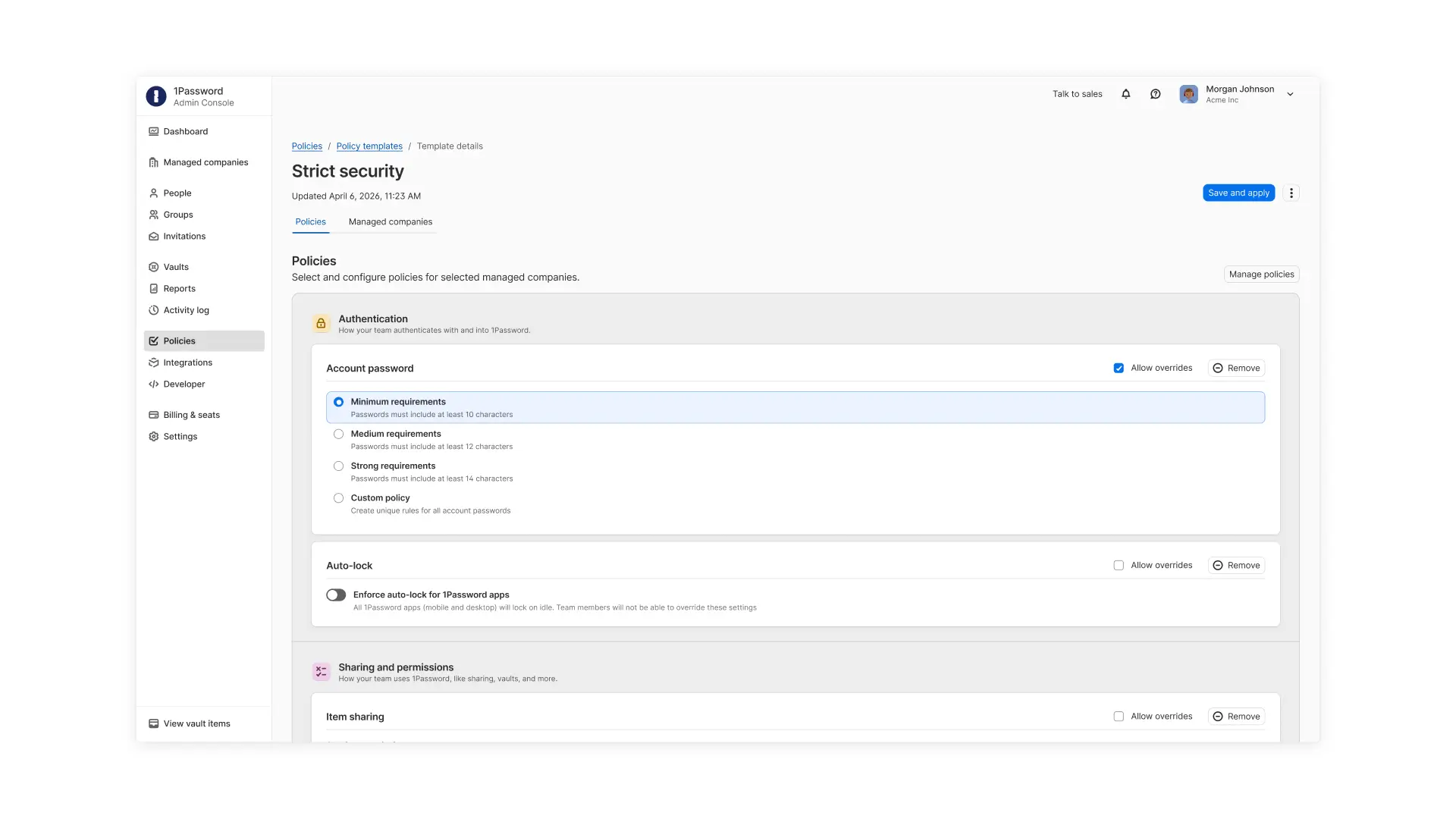 A screenshot of the 1Password admin console showing different options for authentication requirements. 