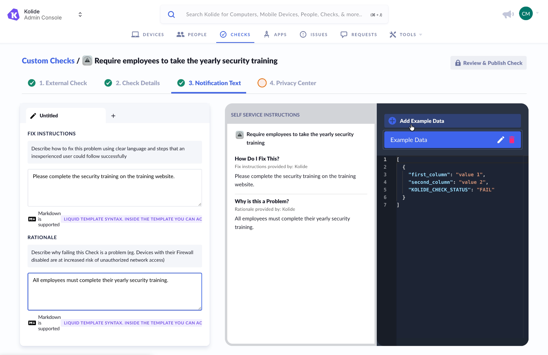 A screenshot of the 1Password Device Trust admin console interface for setting custom device health checks. In this case, the check is to ensure that employees have completed required security training.