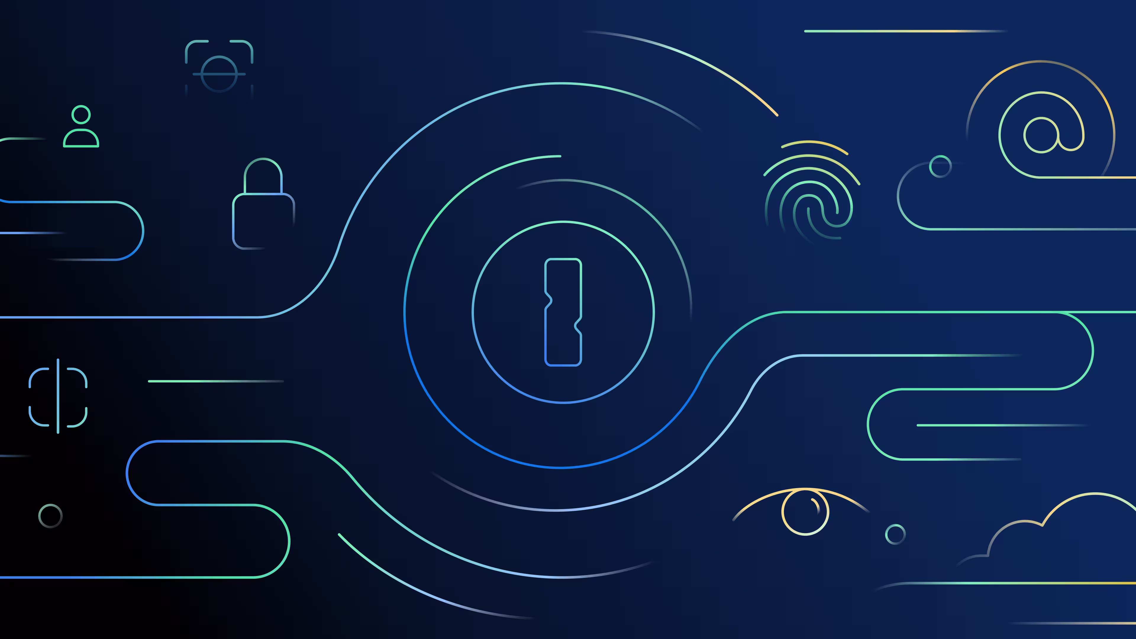 An abstract illustration of security related concepts, including the 1Password logo, a lock, and a fingerprint, on a blue background that is darker on the left side, and slightly lighter on the right.