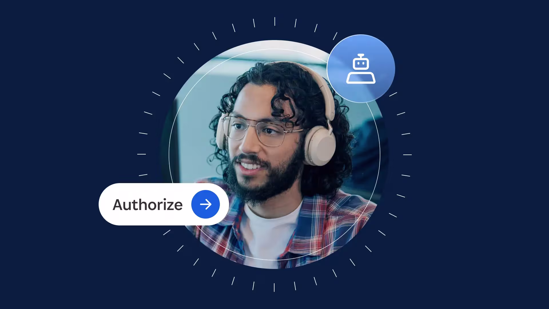 Encircled by AI icons and an "authorize" prompt, an employee works through a human-in-the-loop AI system.