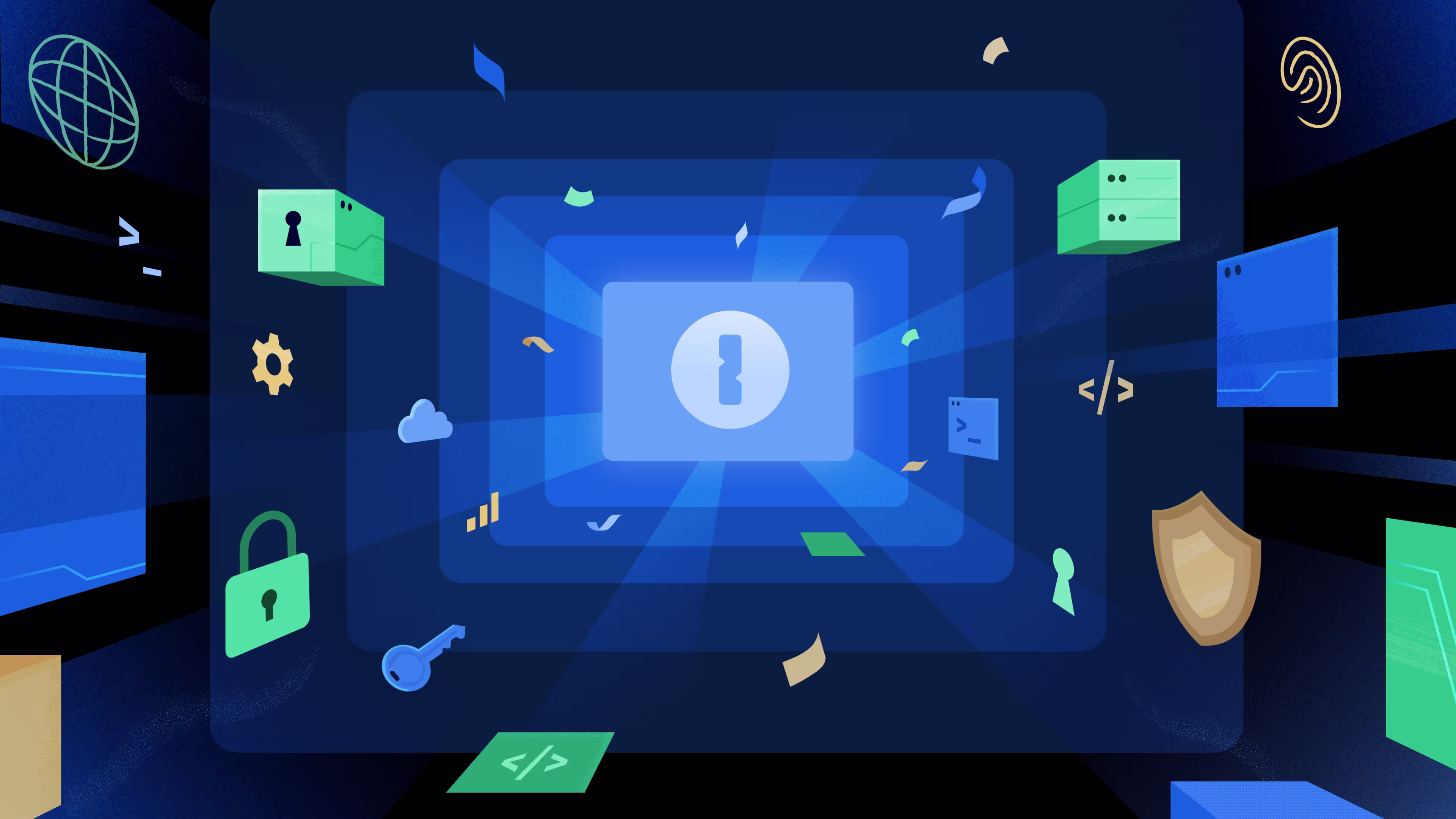 A blog header image that visualizes various developer iconography flowing towards the 1Password logo.