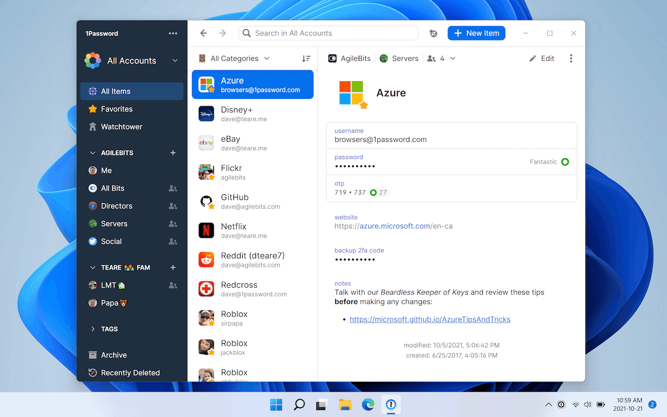 1Password app unlocked while running on Windows 11