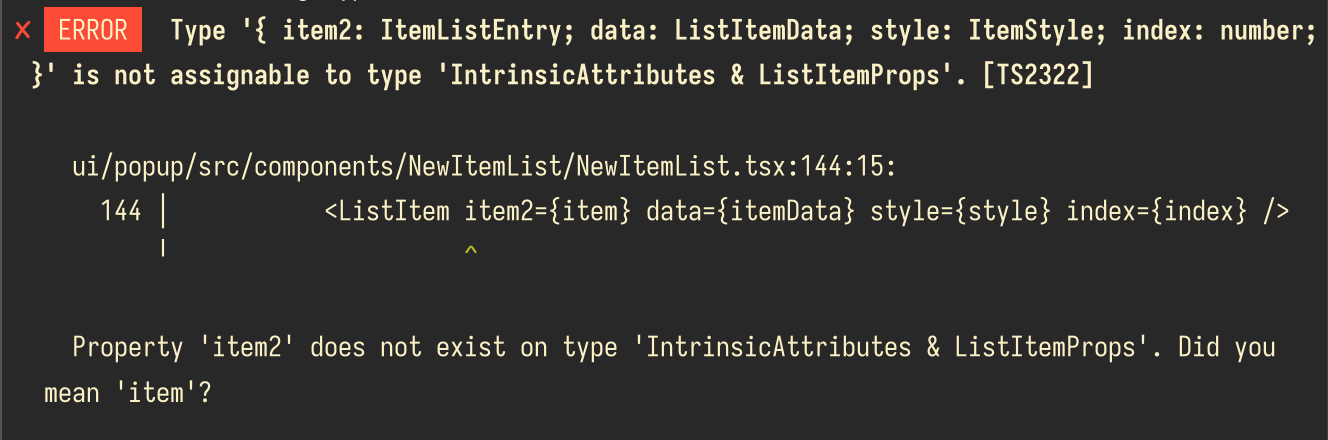 A screenshot of a terminal showing a pretty-formatted complex error from tsc. The error is the same as the last screenshot, but this time using esbuild's native diagnostic format.