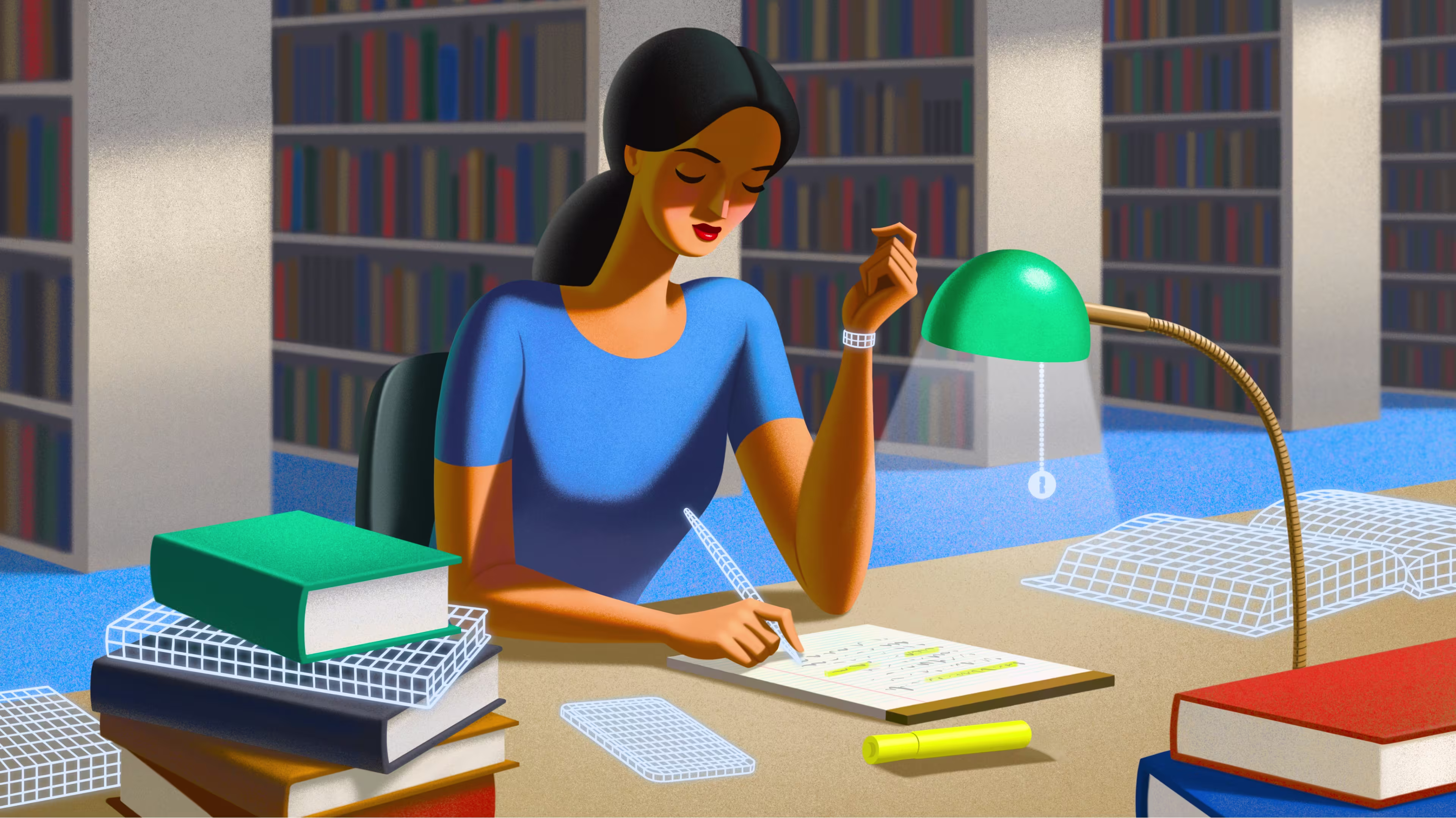 An illustration of a woman, sitting at a desk, taking notes while assisted by various AI enabled tools.