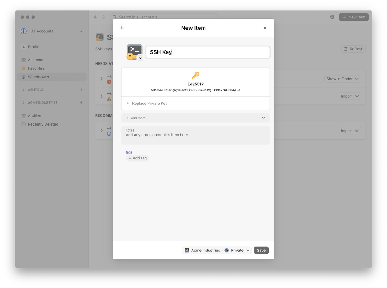 SSH key saved in 1Password, with notes and tags field