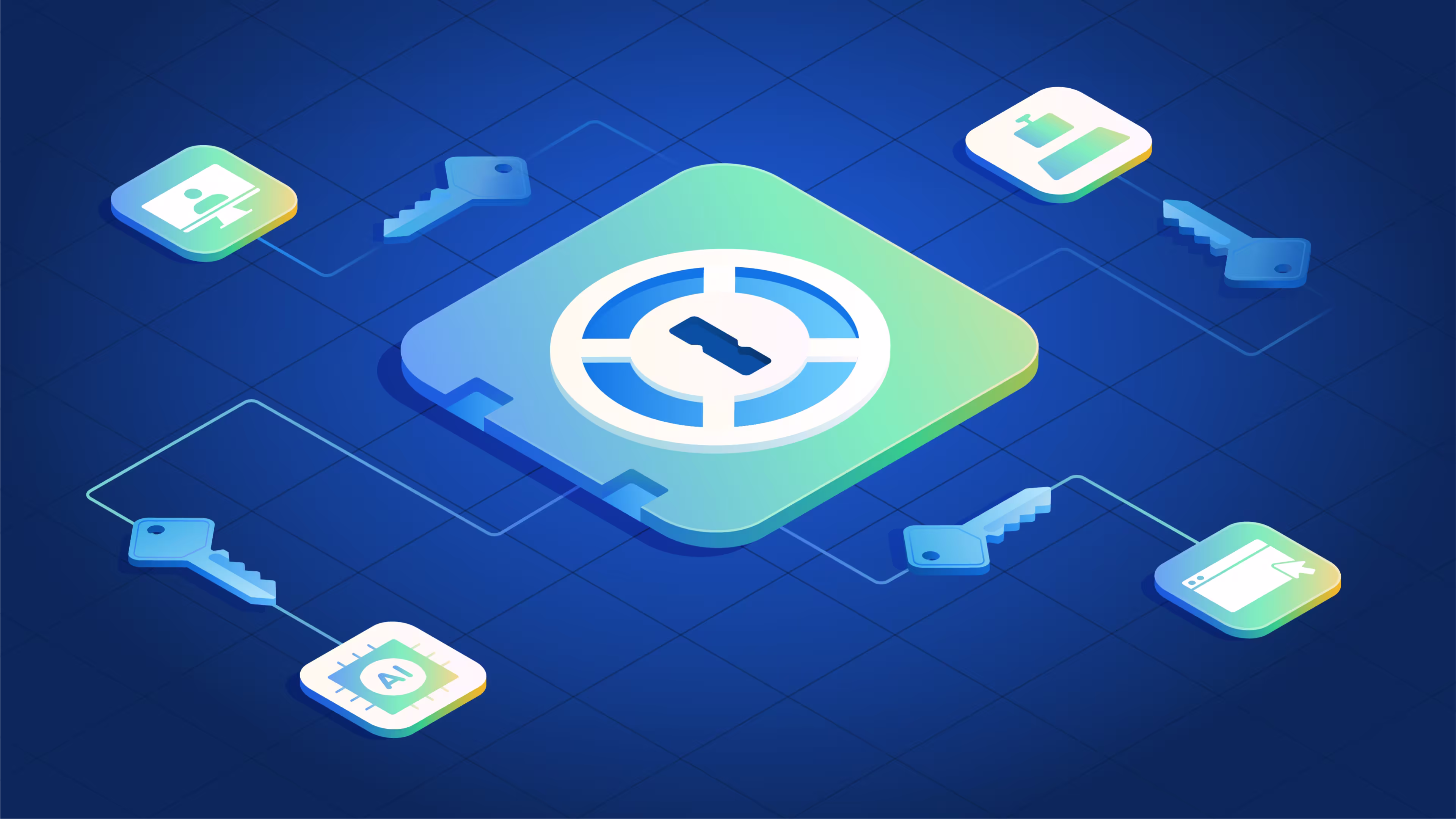 Illustration of a central digital vault and key icon connected to AI, identity, browser, and other credential icons across a blue grid. Reducing credential exposure as agents take on more work, 1Password.
