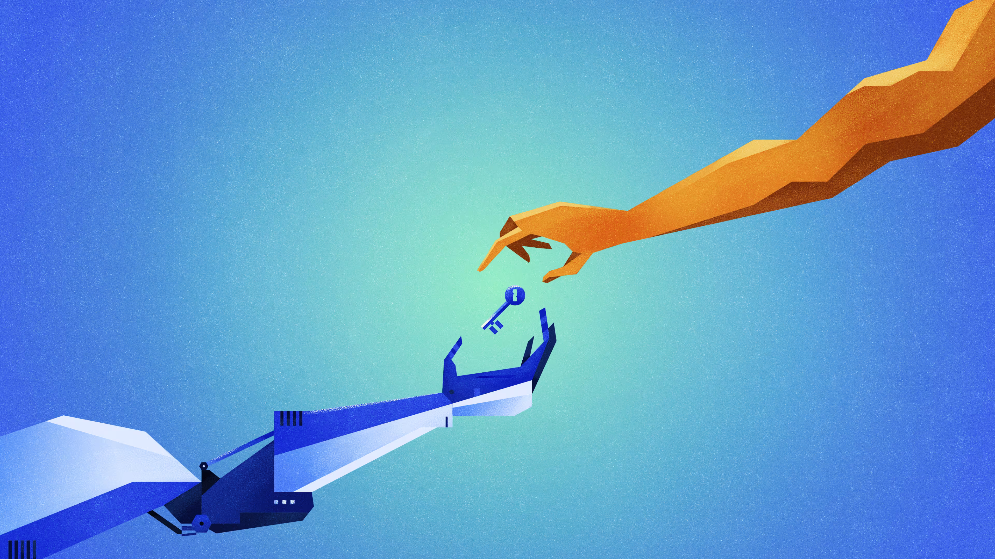 An illustration of a robotic arm and a human arm reaching towards each other. Suspended between them in midair is a key with the 1Password logo on it.