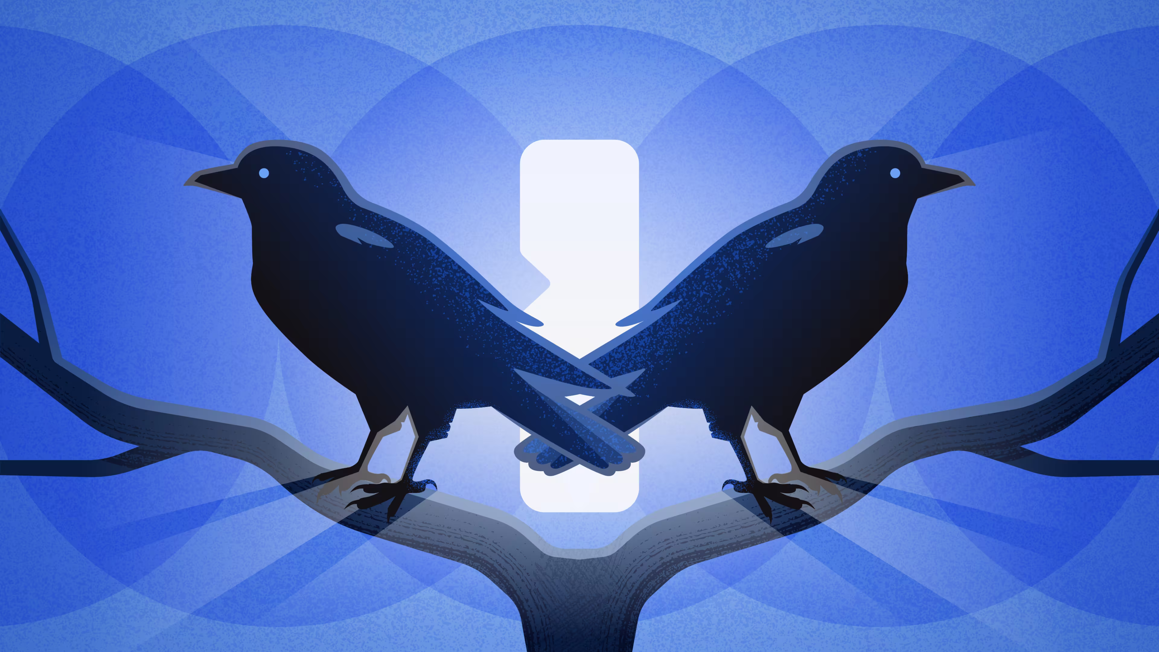 Two corvids alight on diverging branches in front of a luminous 1Password logo. 