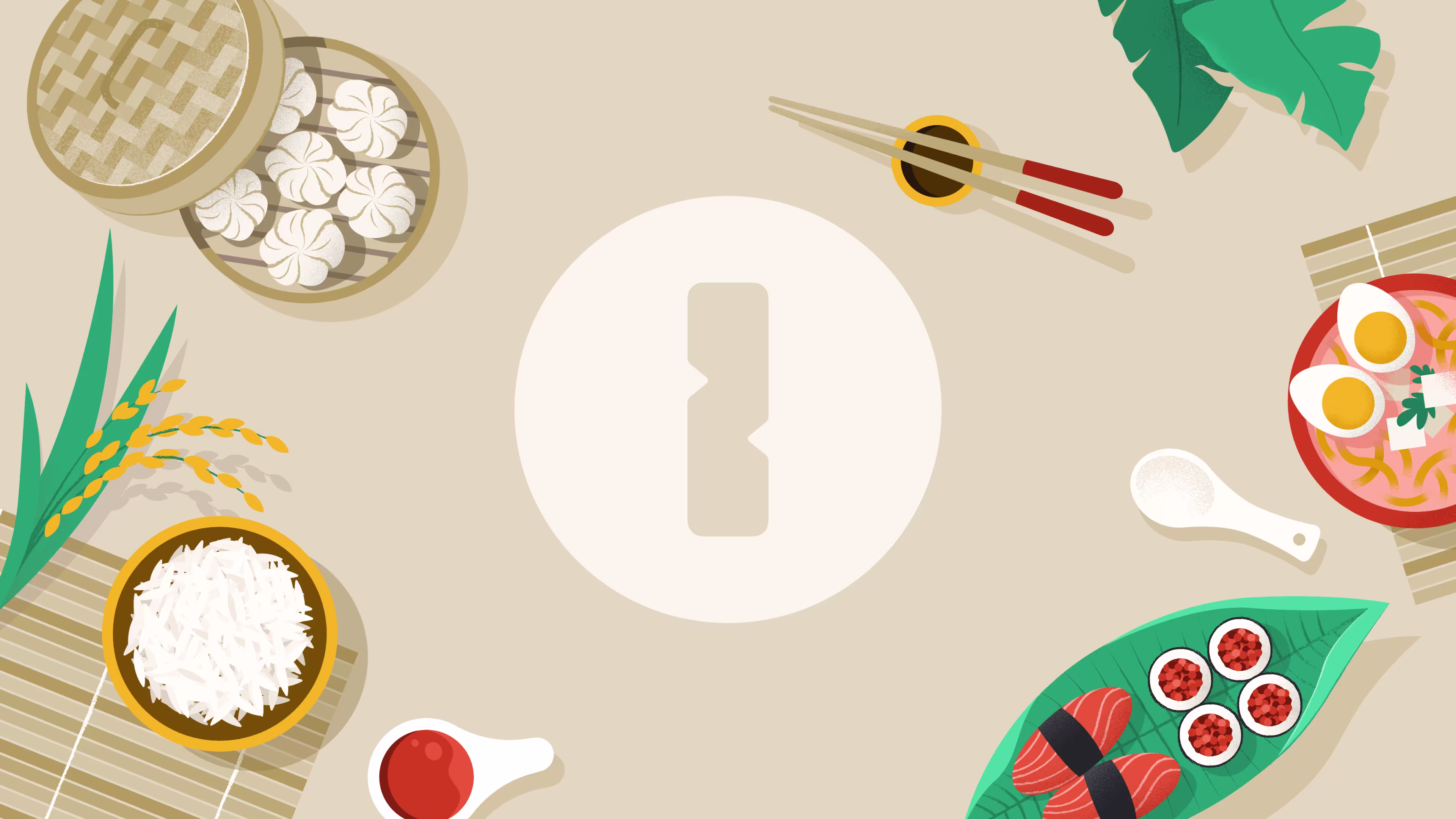 An illustration of a tabletop. In the center is the 1Password logo. Surrounding it are various foods from different Asian & Pacific Islander cultures. 