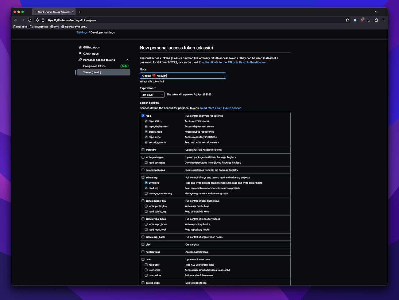 Permission settings while creating a new GitHub access token