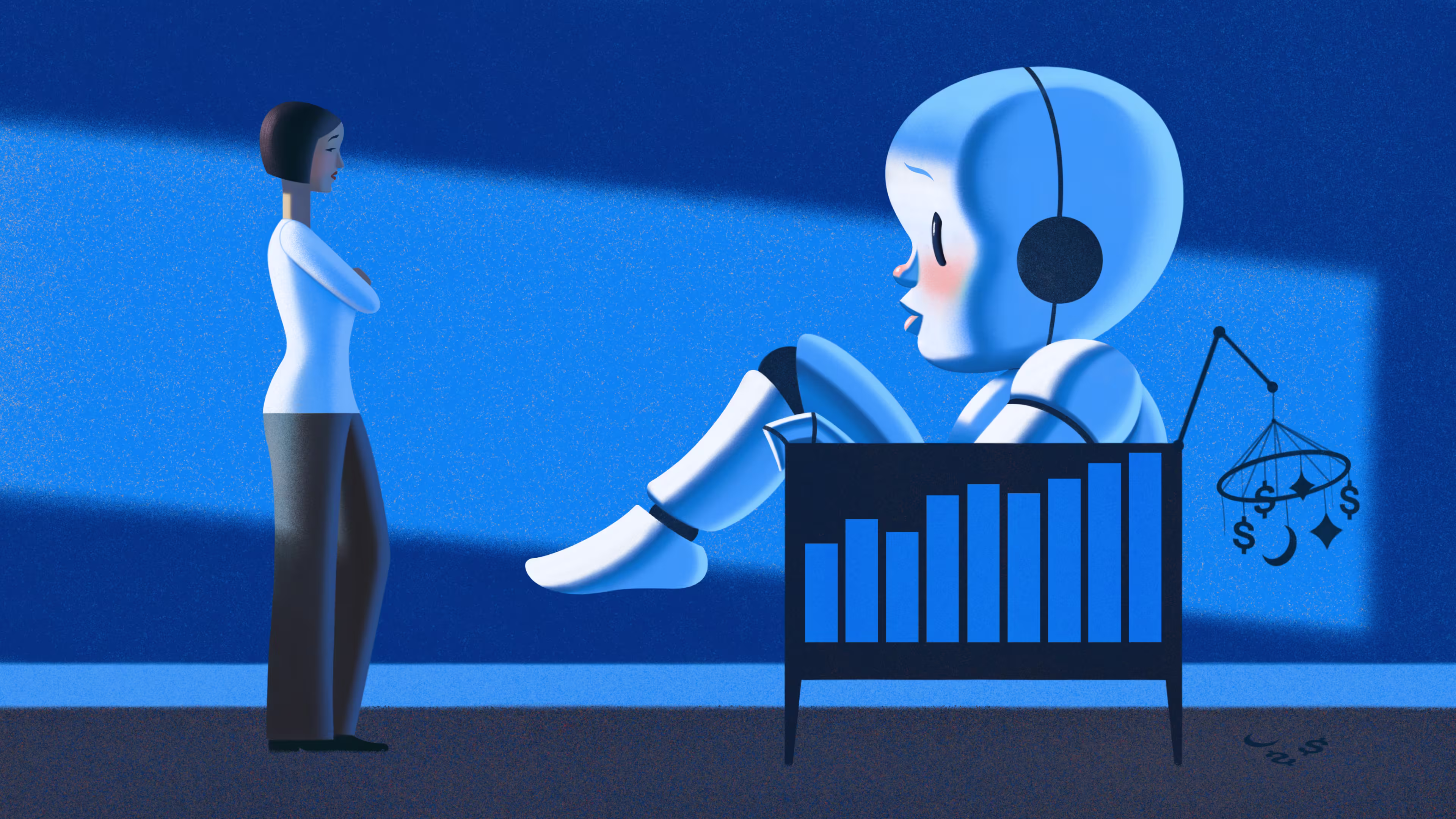 An illustration of a mother standing with her arms crossed, wearing a perplexed expression as she looks at a robotic baby that has vastly outgrown its crib. The crib has a bar chart on the side, and a mobile made of dollar signs and AI sparkles.