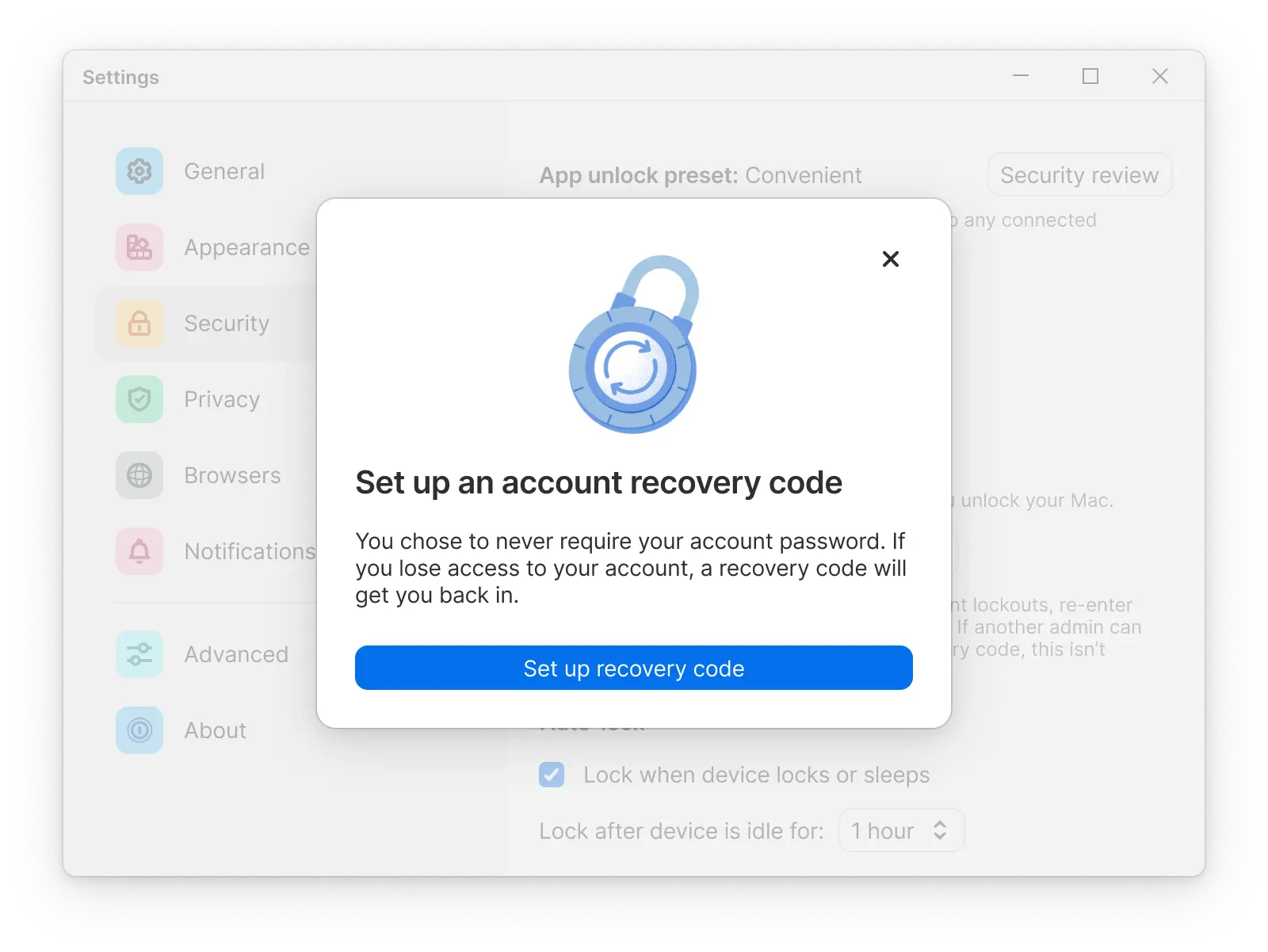 Setting up a recovery code is an easy way to provide yourself with peace of mind when using 1Password. 
