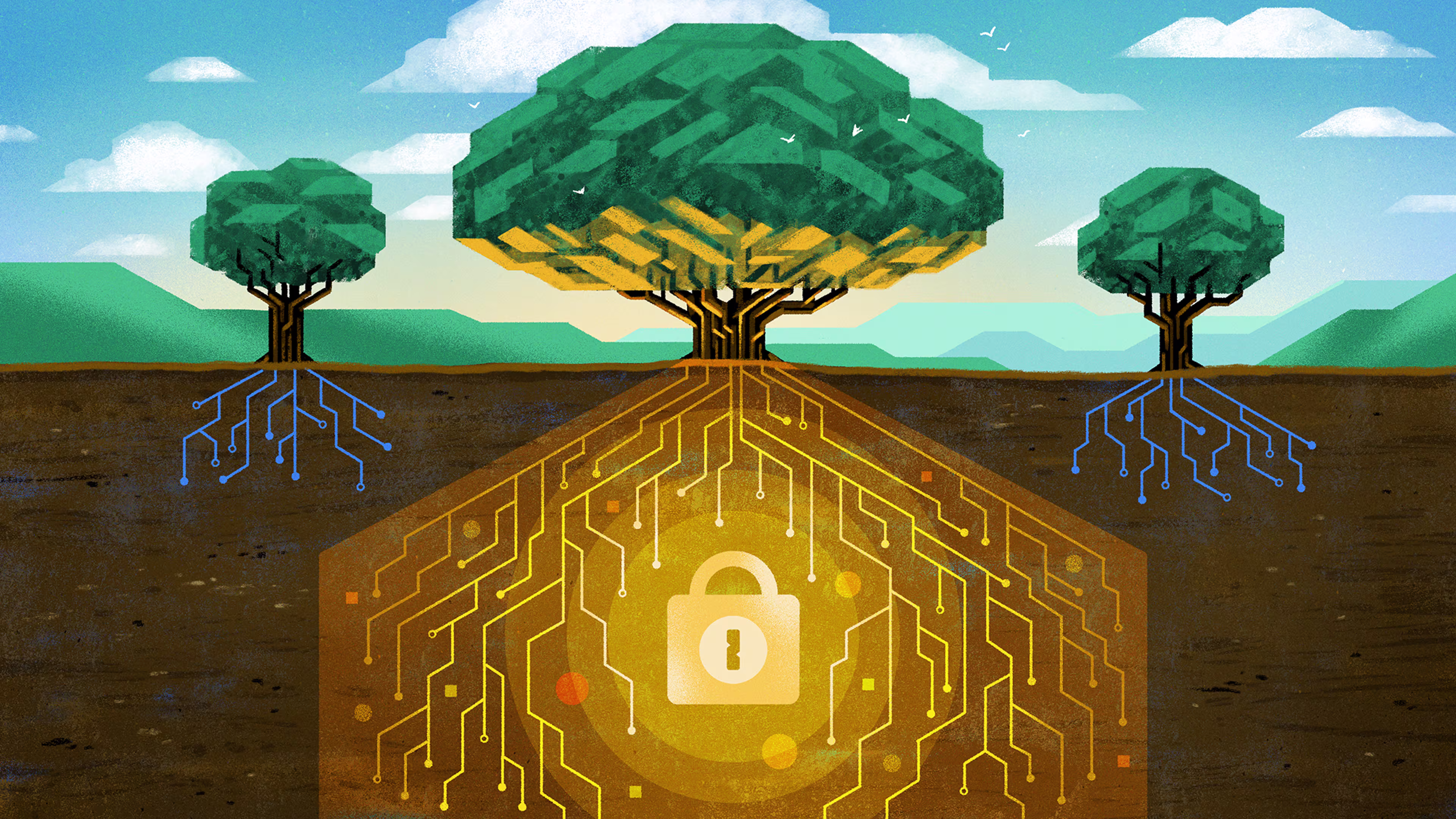 An illustration of three trees. Their roots are stretching underground in the shape of circuitry, and the tree in the center is growing on top of a large padlock featuring the 1Password logo.