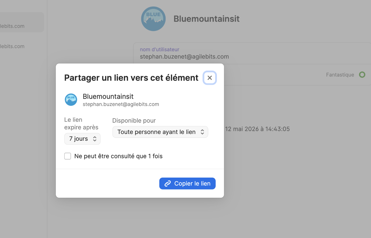  Saisie des adresses e-mail des destinataires lors du partage d'un élément 1Password