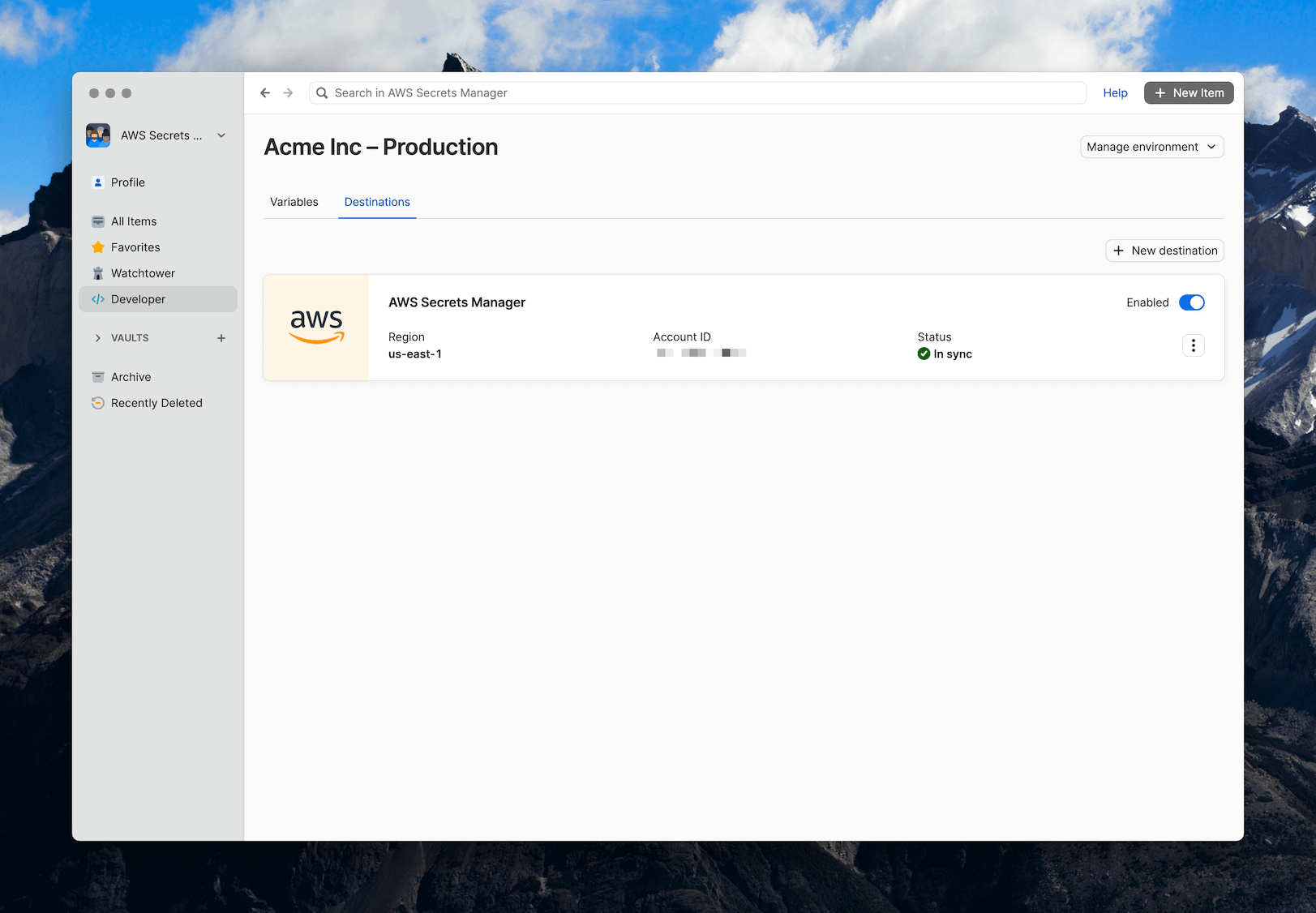 A screenshot of the environments AWS destination page.