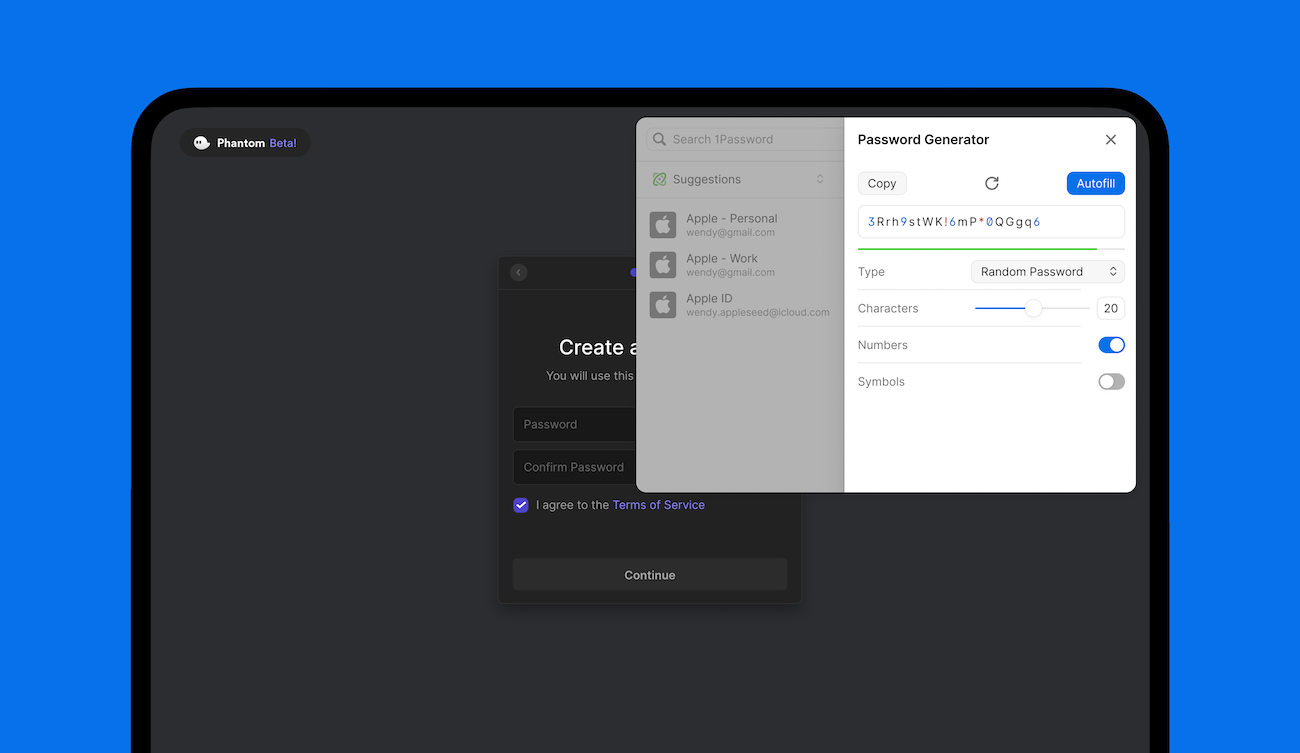 1Password password generator in Phantom