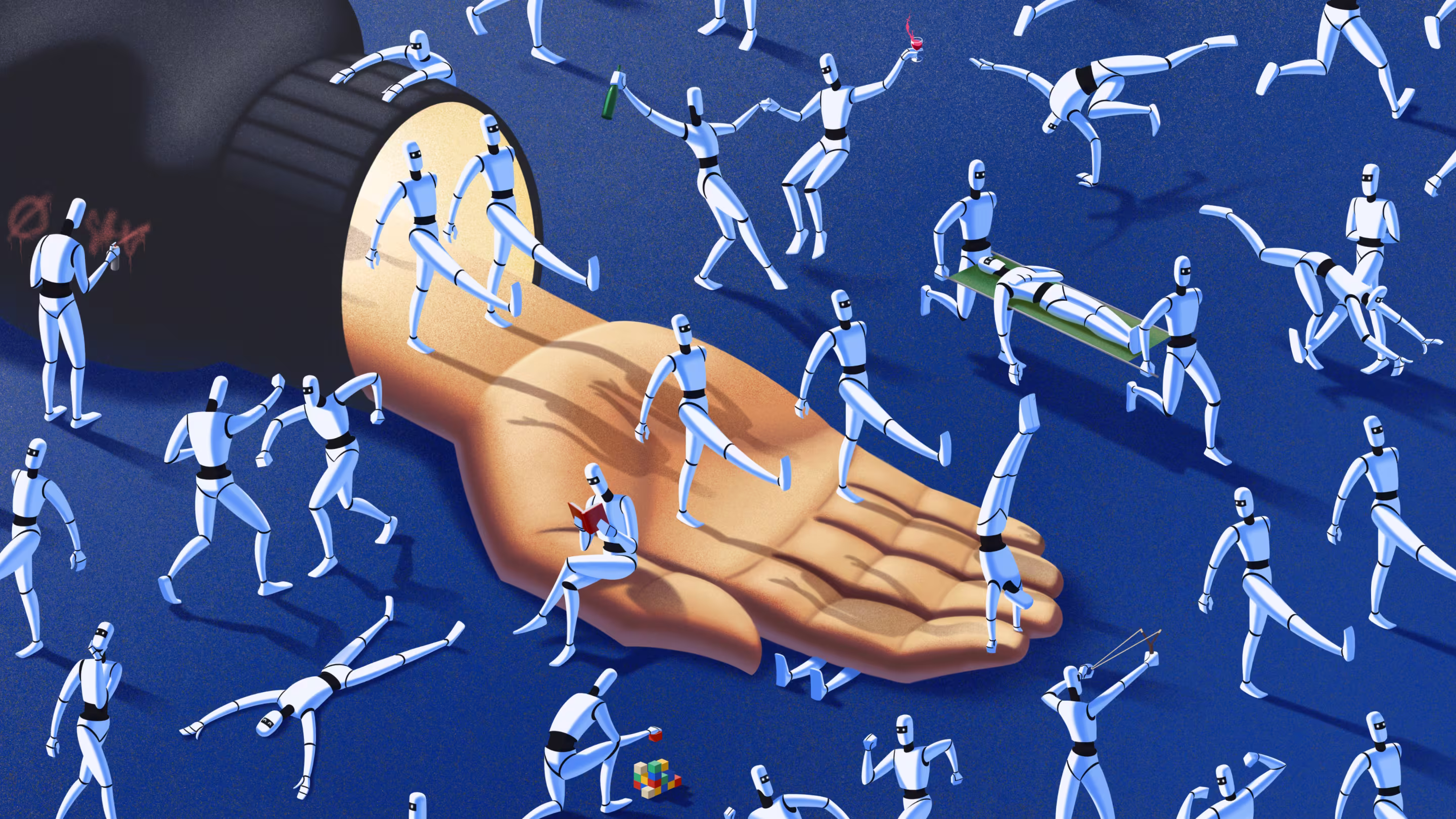 An illustration of a giant human hand laying open, from out of its sleeve come marching AI agents, which are also surrounding the hand. Some of them are performing useful tasks, while others are dancing, drinking, fighting, and spraying graffiti. 