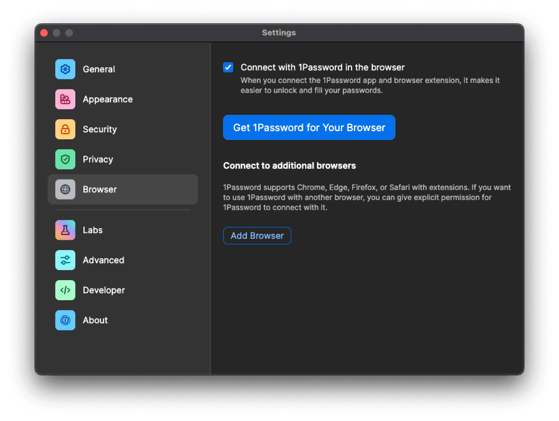 The Settings menu in the 1Password app showing browser selection.