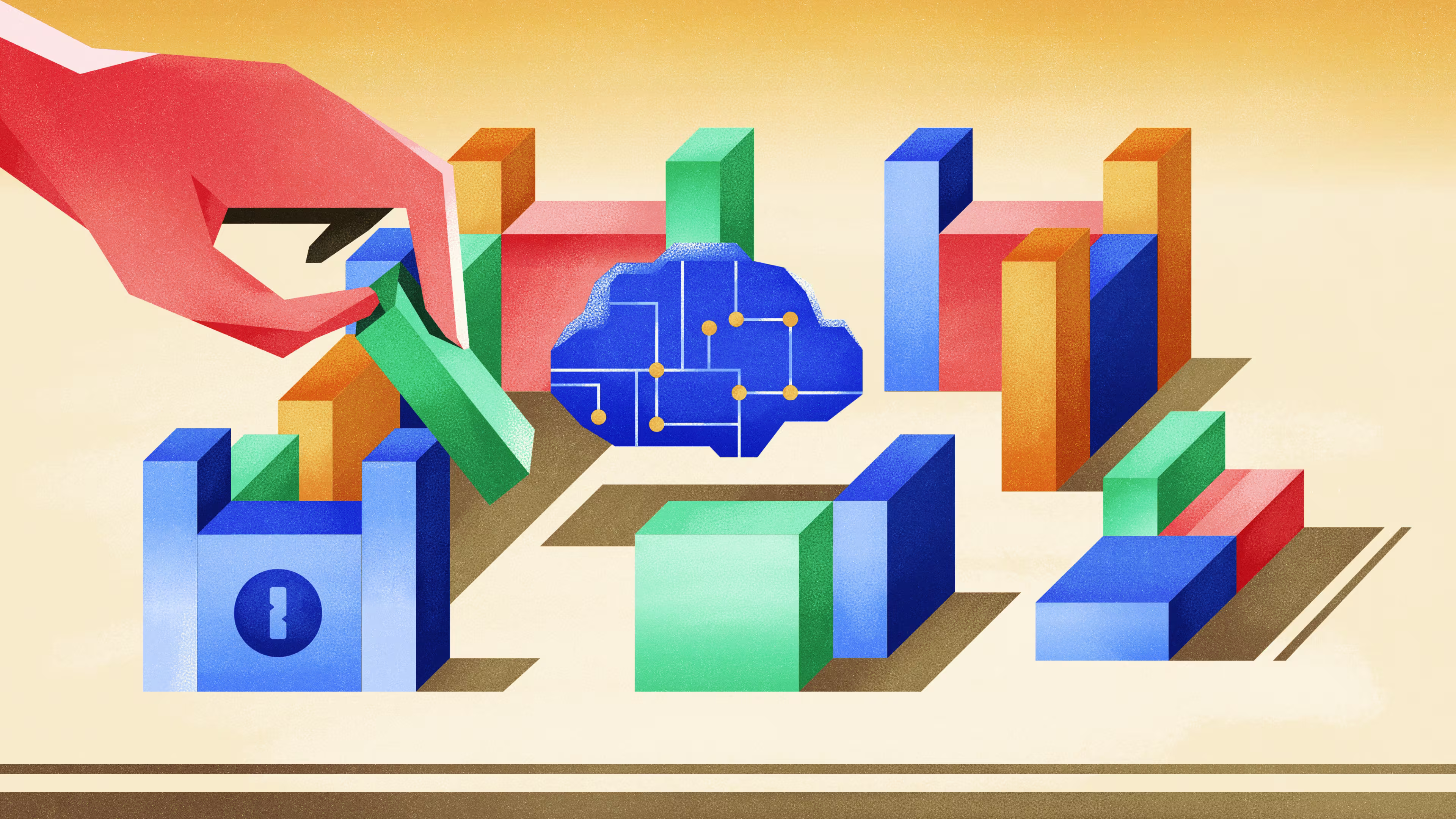 Illustration of building blocks assembling around a floating, connected brain cloud. "How 1Password secures agent architectures," illustrated by Da Matutina.