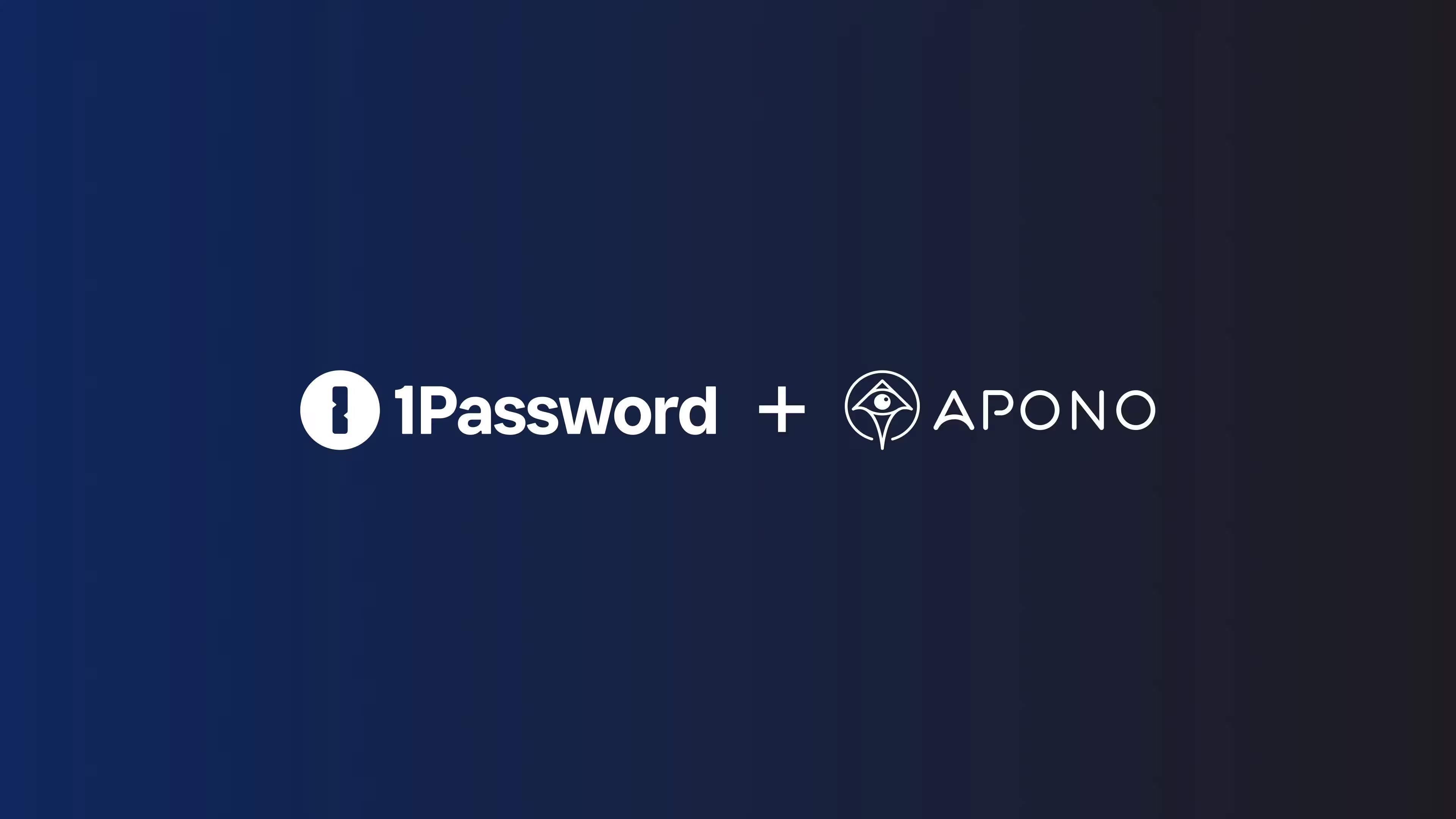 The 1Password name and logo alongside the Apono name and logo, against a dark blue background.