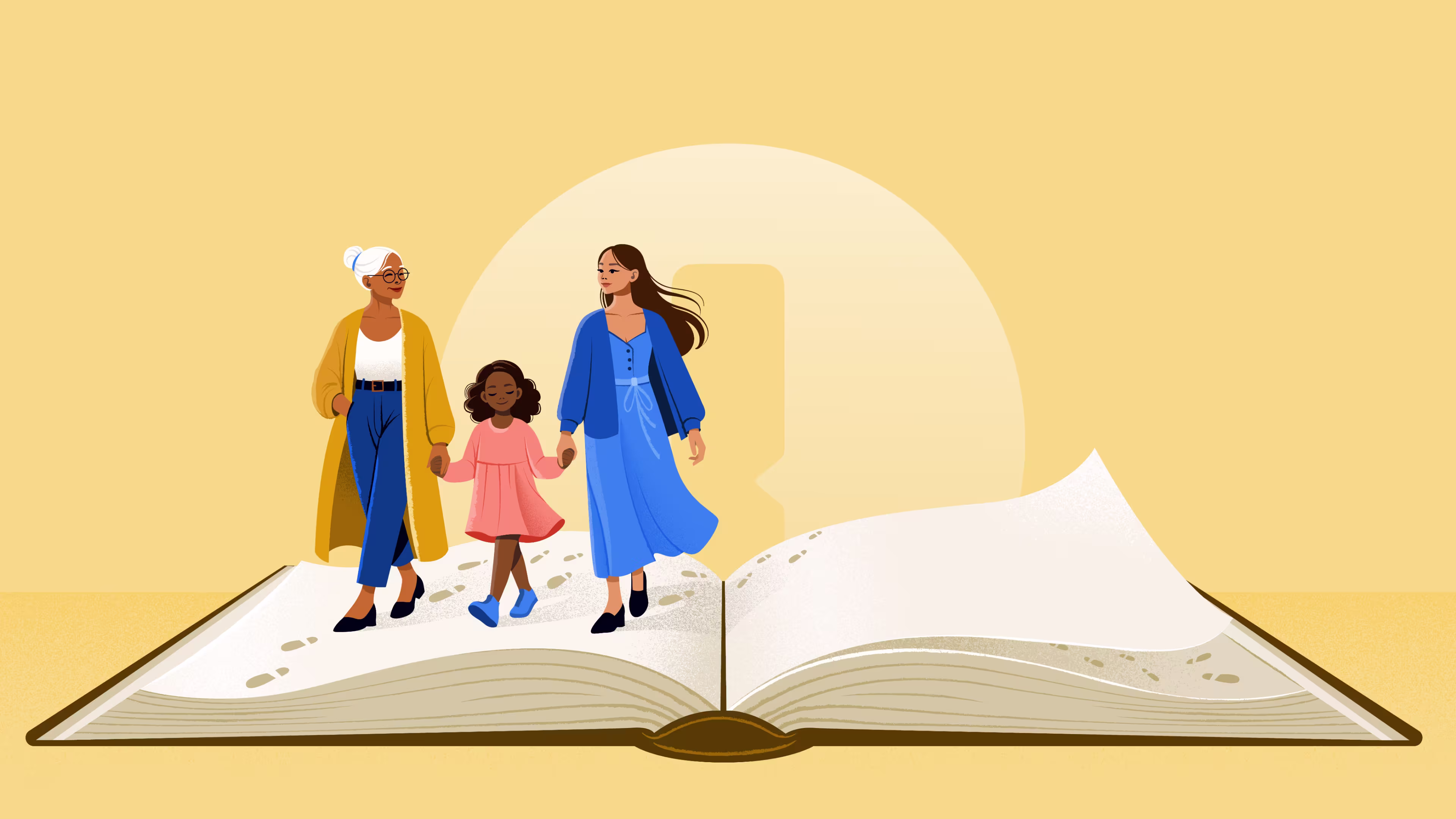 An illustration of an older and younger woman holding hands with a young girl as they walk across the pages of a book.