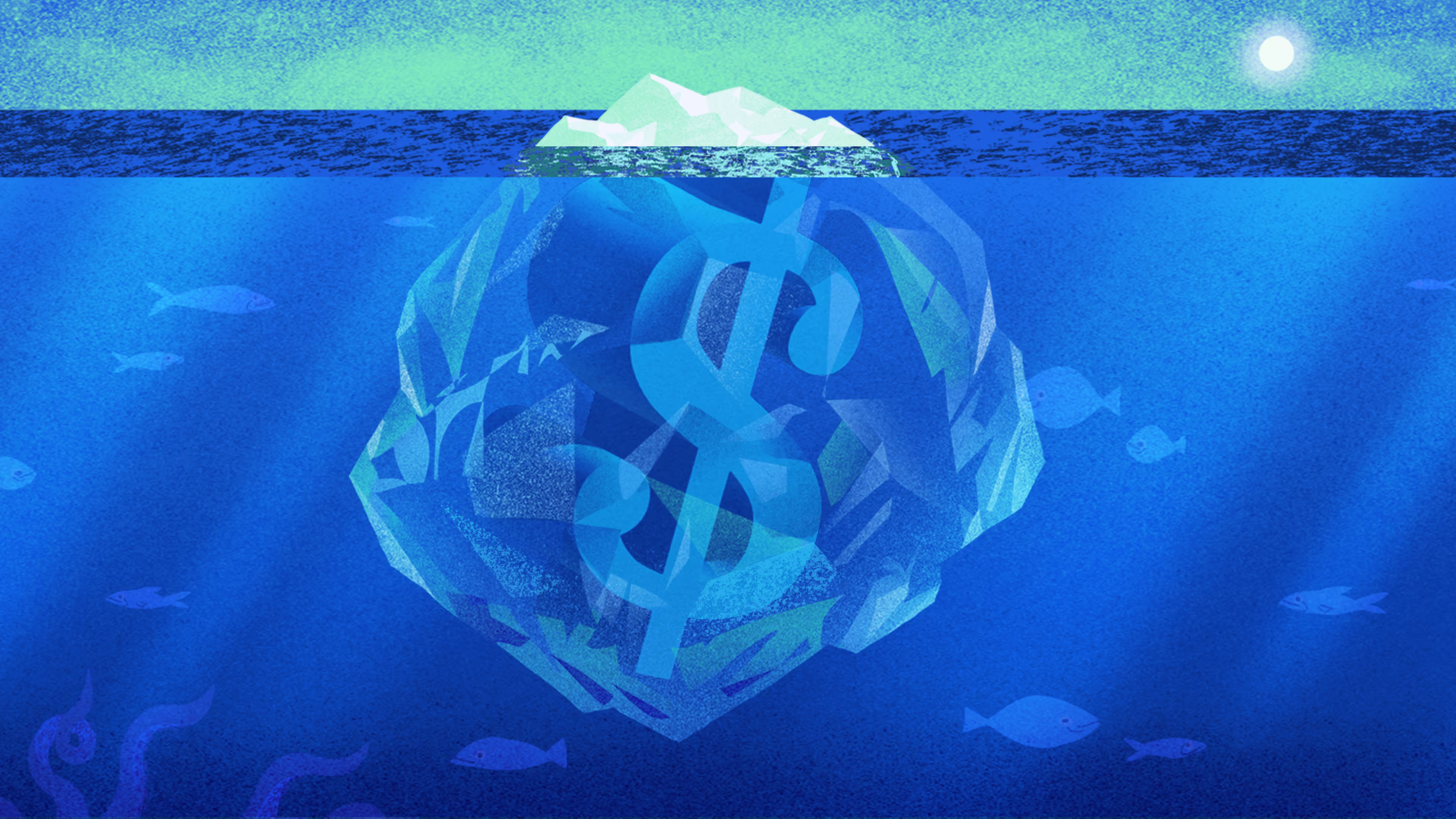 An illustration of an iceberg. Above the surface of the water is the iceberg tip, but under the water we see that the iceberg contains a gigantic dollar sign.